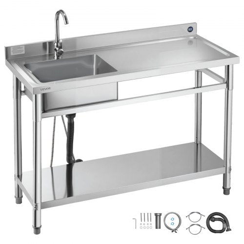 VEVOR Stainless Steel Utility Sink, Freestanding Single Bowl Commercial Kitchen Sink with Faucet, Utility Right Basin Workbench with Hot & Cold Water Pipe for Garage Restaurant Laundry, 1200x500x940mm