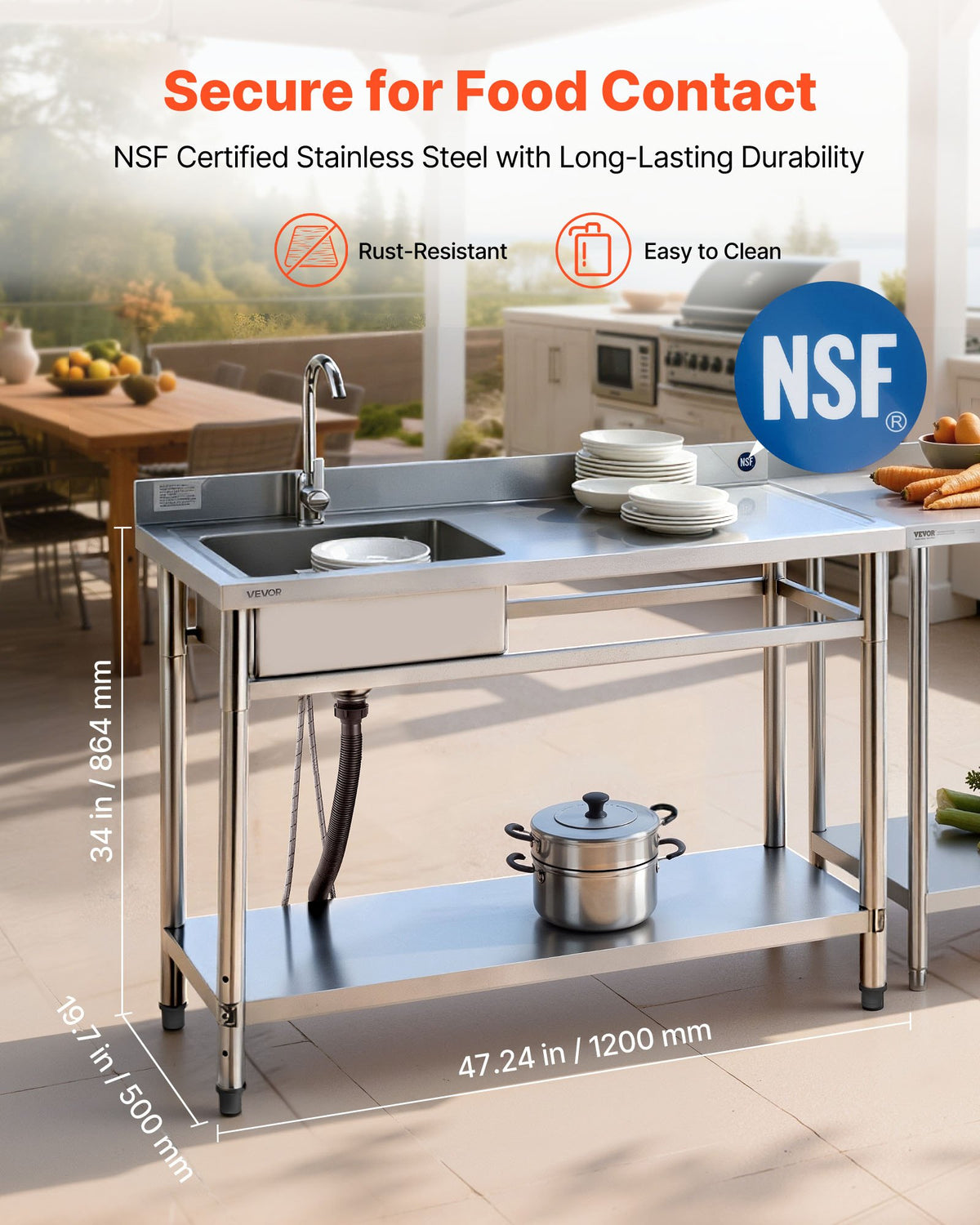VEVOR Stainless Steel Utility Sink, Freestanding Single Bowl Commercial Kitchen Sink with Faucet, Utility Right Basin Workbench with Hot & Cold Water Pipe for Garage Restaurant Laundry, 1200x500x940mm