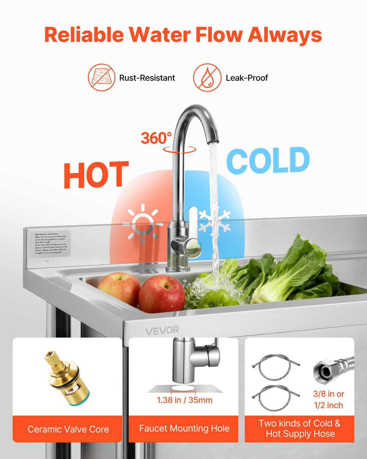VEVOR Stainless Steel Utility Sink, Freestanding Single Bowl Commercial Kitchen Sink with Faucet, Utility Right Basin Workbench with Hot & Cold Water Pipe for Garage Restaurant Laundry, 1200x500x940mm
