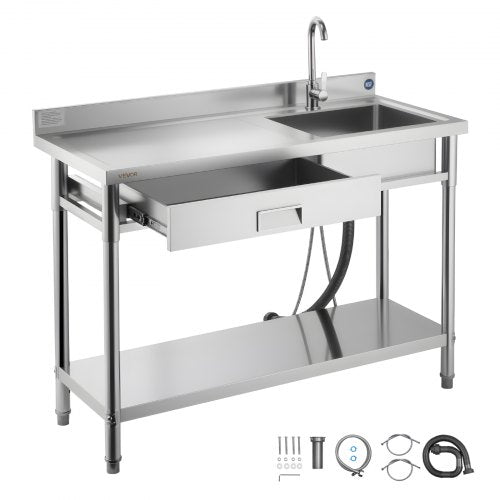 VEVOR Stainless Steel Utility Sink, Rolling Single Bowl Commercial Kitchen Sink with Drawer, Faucet and Hot & Cold Water Pipe, Utility Basin for Garage, Restaurant, Laundry, 1200 x 500 x 940 mm