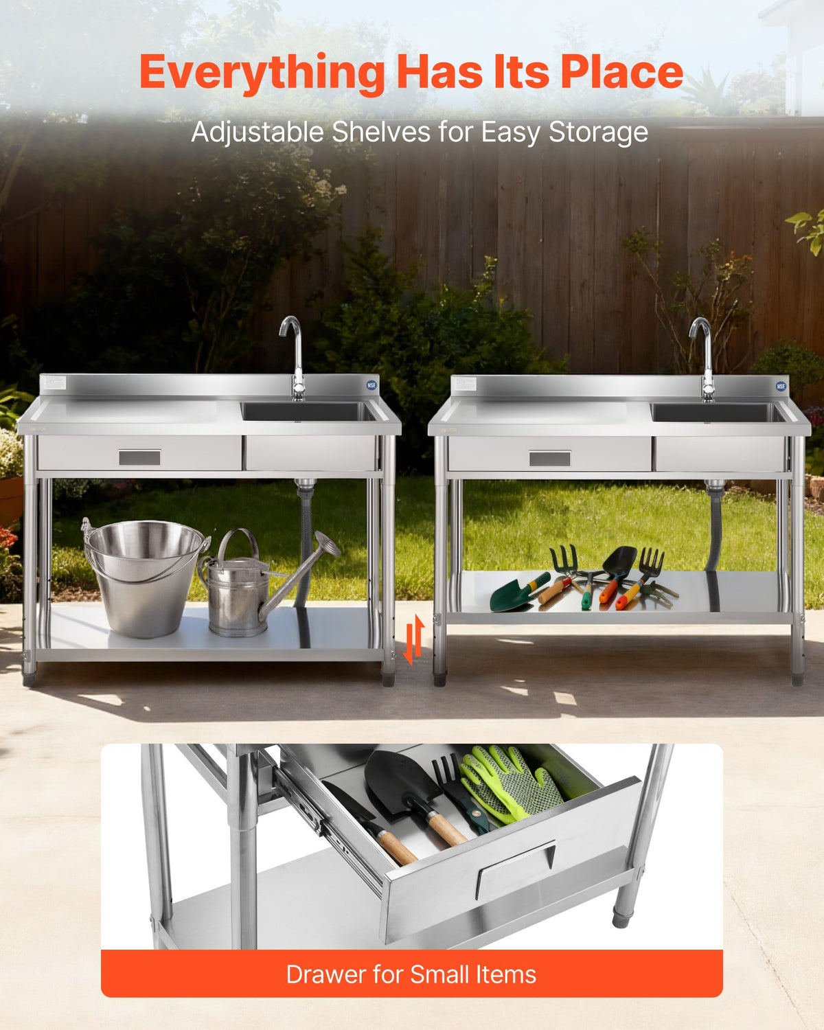 VEVOR Stainless Steel Utility Sink, Rolling Single Bowl Commercial Kitchen Sink with Drawer, Faucet and Hot & Cold Water Pipe, Utility Basin for Garage, Restaurant, Laundry, 1200 x 500 x 940 mm