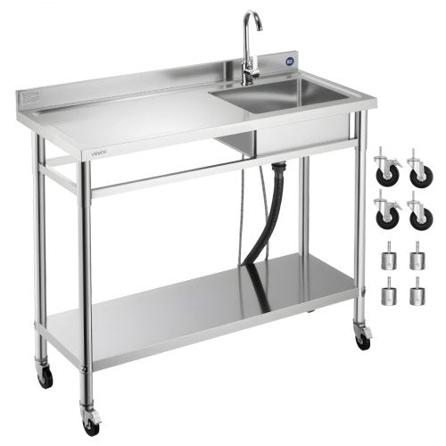 VEVOR Stainless Steel Utility Sink, Rolling Single Bowl Commercial Kitchen Sink with Wheels, Faucet and Hot & Cold Water Pipe, Utility Basin Workbench for Garage Restaurant Laundry 1200 x 500 x 1055mm