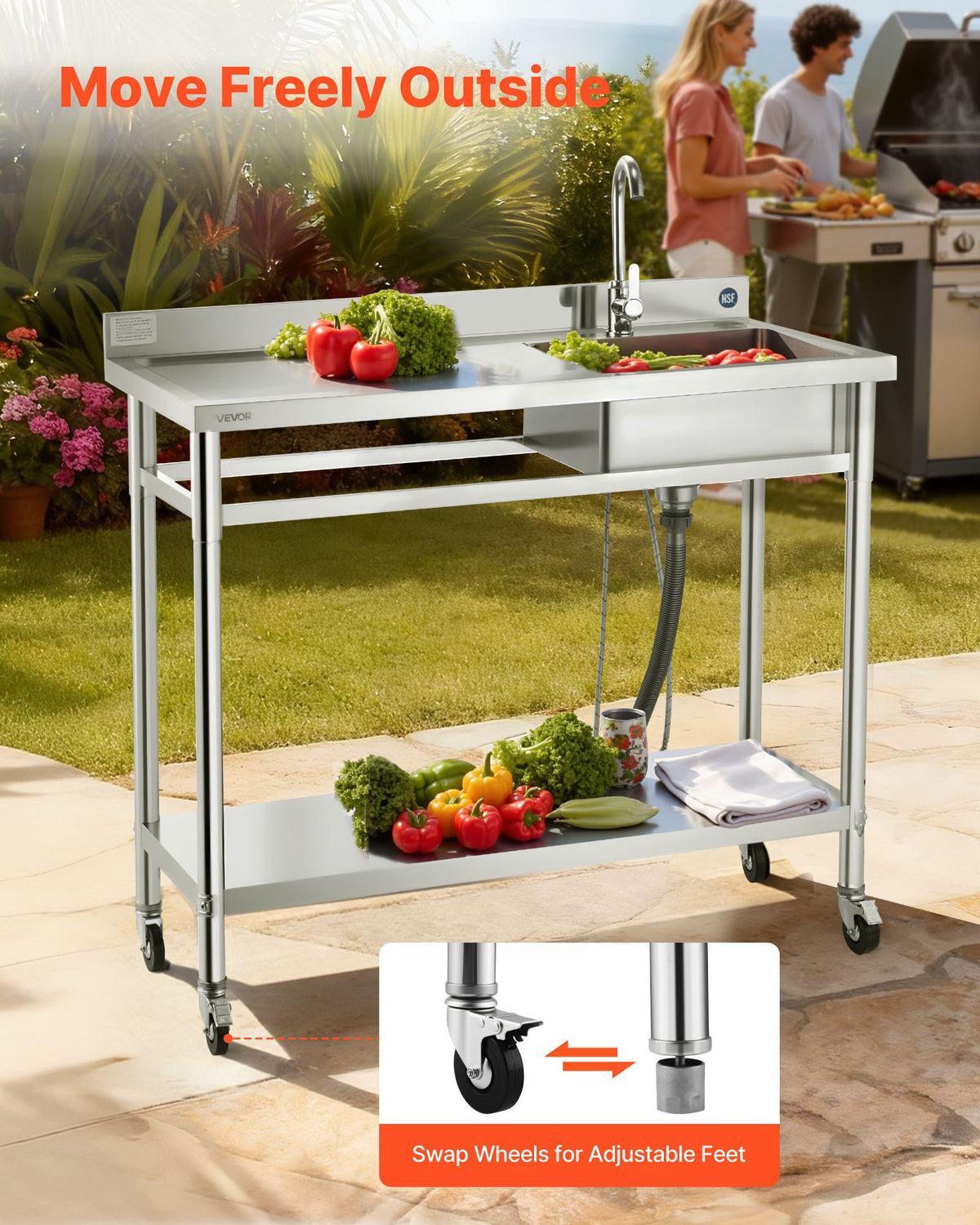 VEVOR Stainless Steel Utility Sink, Rolling Single Bowl Commercial Kitchen Sink with Wheels, Faucet and Hot & Cold Water Pipe, Utility Basin Workbench for Garage Restaurant Laundry 1200 x 500 x 1055mm