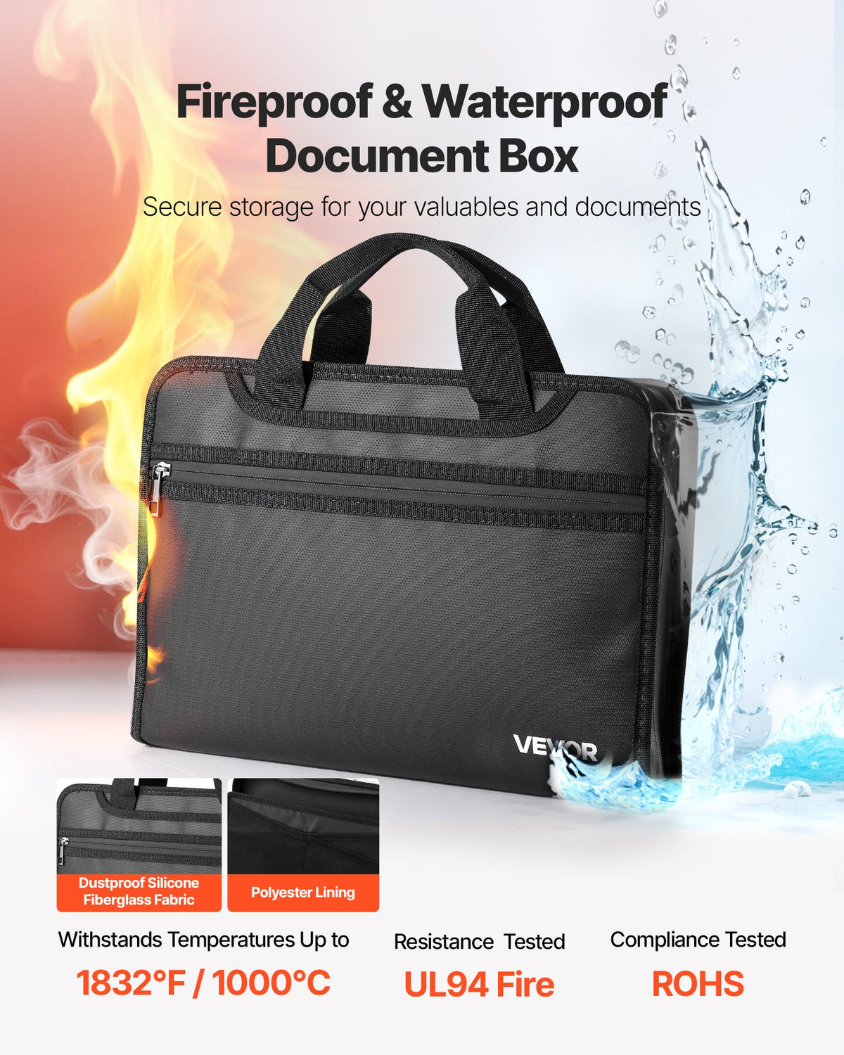 VEVOR Fireproof Document Bag, 1000 ℃ Heat Insulated Fireproof & Waterproof Bag, Portable Multi-Layer File Storage Security Organizer Home Office Travel Use, for Passports, Important Documents, Files