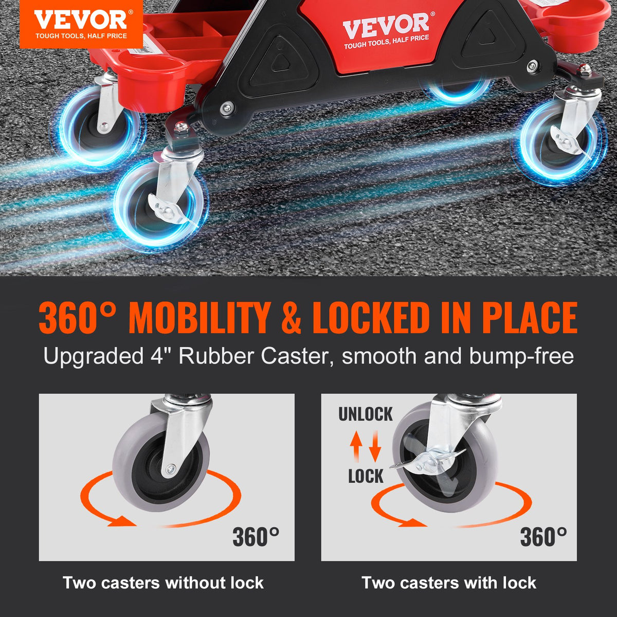 VEVOR Mechanics Stool, 136.1kg Capacity Rolling Mechanic Seat with 10.2cm Wheels, Three Slide-Out Tool Trays and Drawer, Heavy Duty Roller Creeper Seat for Home Garage DIY Automotive