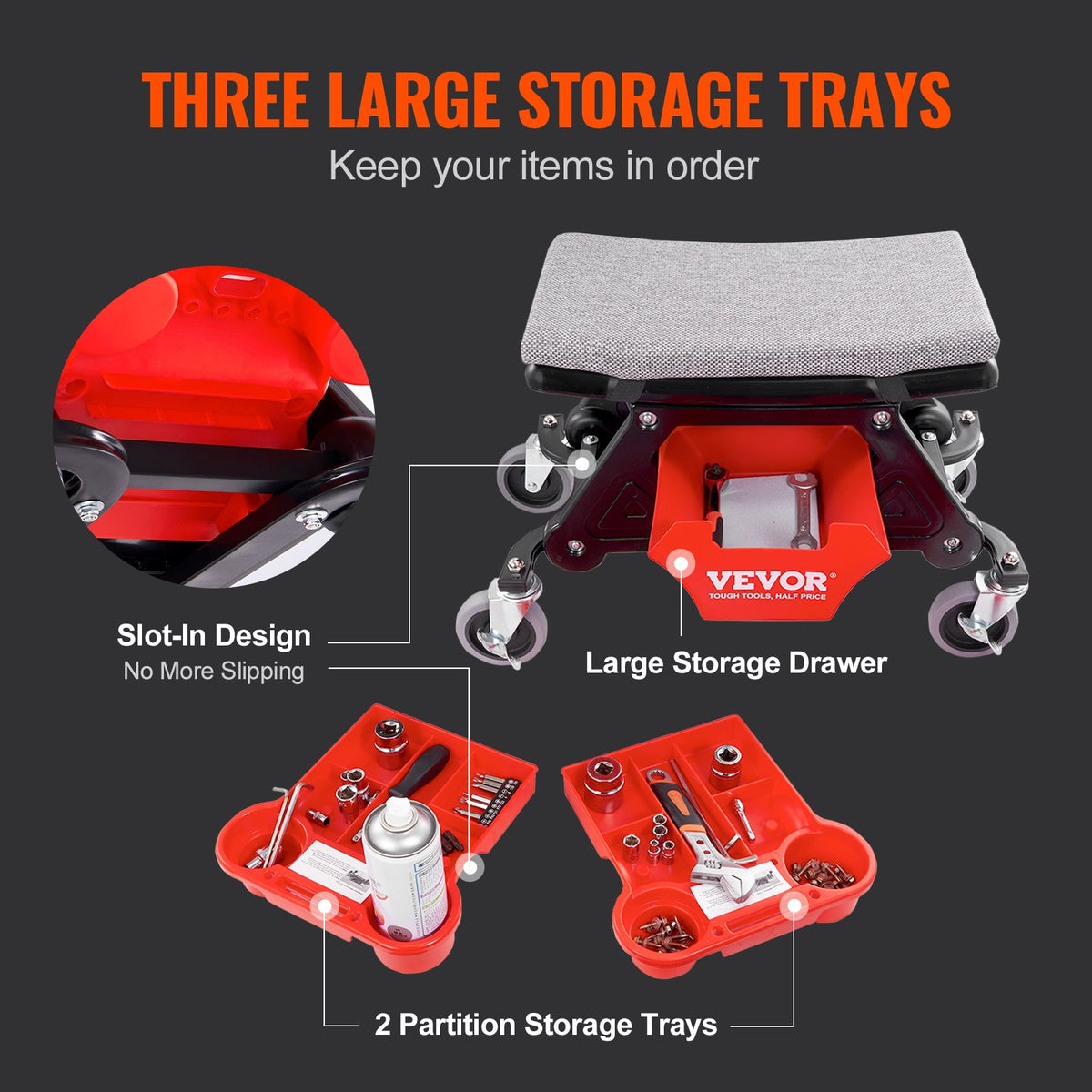 VEVOR Mechanics Stool, 136.1kg Capacity Rolling Mechanic Seat with 10.2cm Wheels, Three Slide-Out Tool Trays and Drawer, Heavy Duty Roller Creeper Seat for Home Garage DIY Automotive