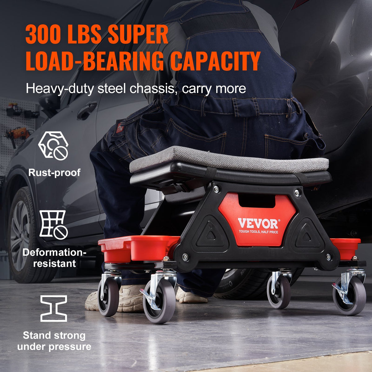 VEVOR Mechanics Stool, 136.1kg Capacity Rolling Mechanic Seat with 10.2cm Wheels, Three Slide-Out Tool Trays and Drawer, Heavy Duty Roller Creeper Seat for Home Garage DIY Automotive
