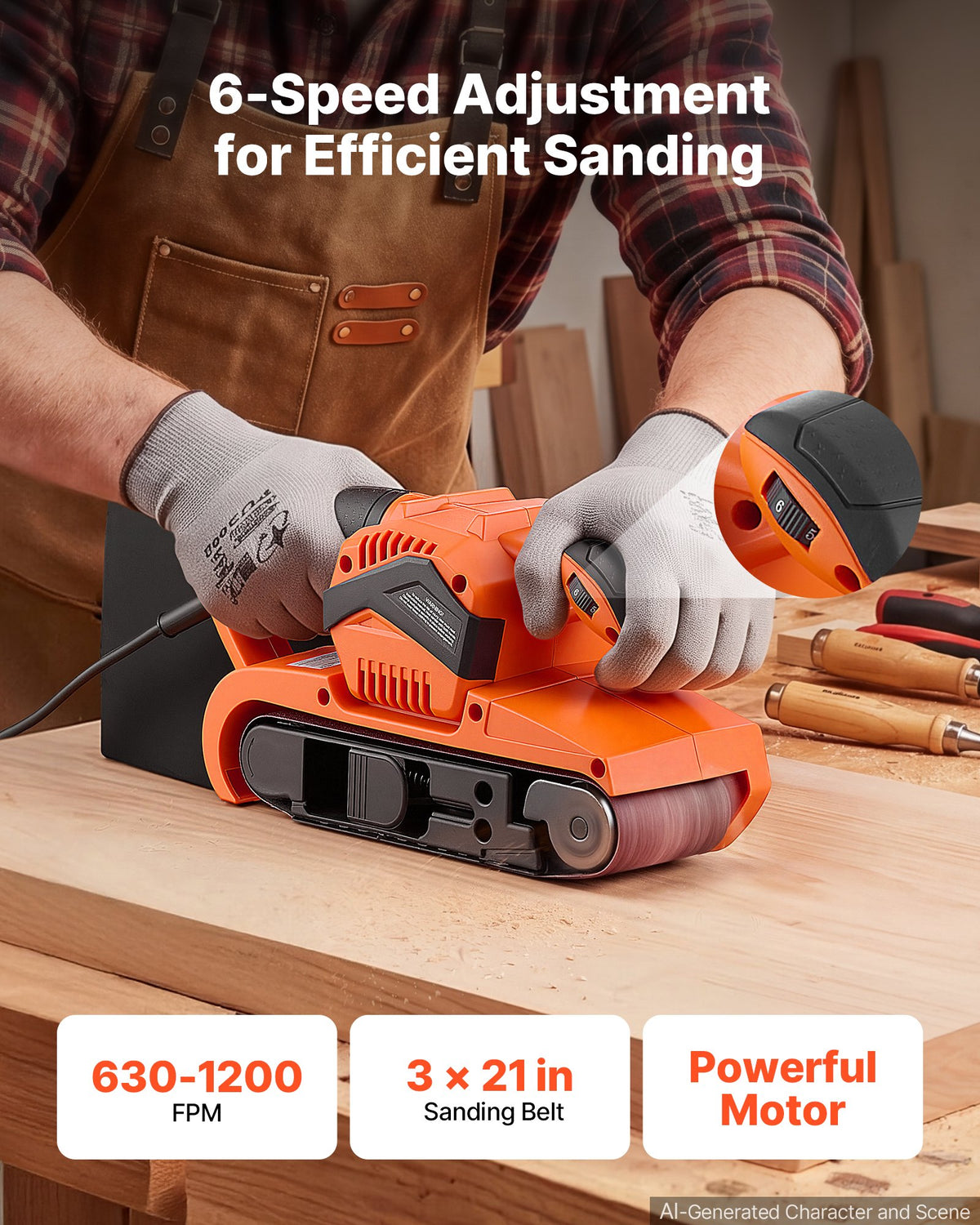 VEVOR 750W Belt Sander 7.6 x 53.3 cm Woodworking Belt Sander 6 Speeds 630-1200 FPM, 2-in-1 Handheld & Benchtop Sanding Machine with 2 Dust Bags, 10PCS Sanding Belts & 2 Clamps for Woodworking Projects