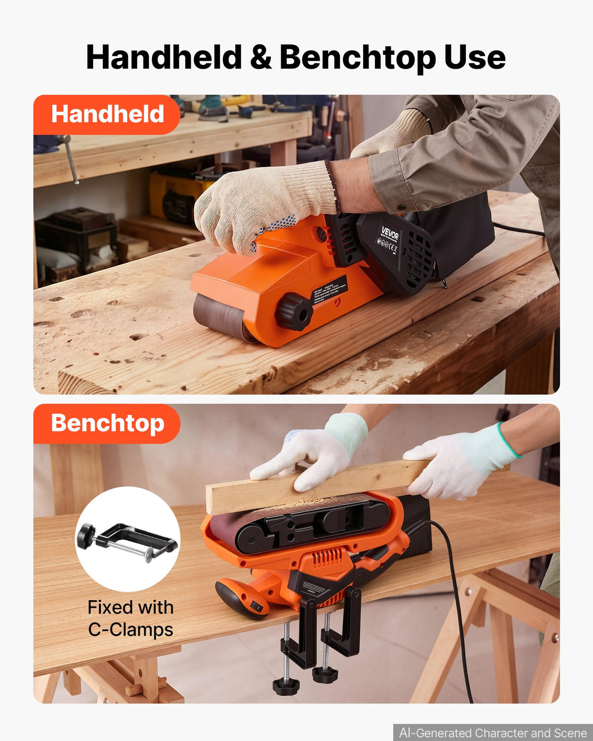 VEVOR 750W Belt Sander 7.6 x 53.3 cm Woodworking Belt Sander 6 Speeds 630-1200 FPM, 2-in-1 Handheld & Benchtop Sanding Machine with 2 Dust Bags, 10PCS Sanding Belts & 2 Clamps for Woodworking Projects