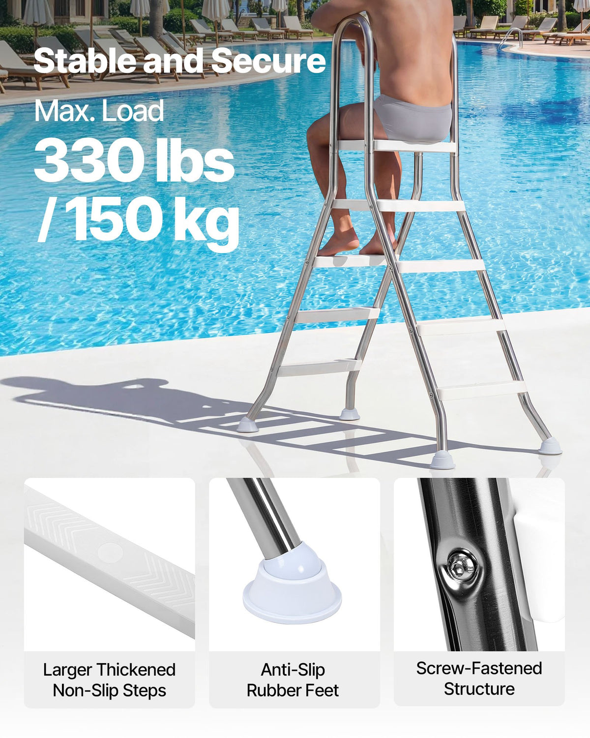 VEVOR Above Ground Pool Ladder, Stainless Steel A-Frame Swimming Pool Stairs for 125 cm High Wall, 150 kg Capacity Heavy Duty Entry/Exit Steps with Secure Non-Slip 4 Steps and Platform, Silver