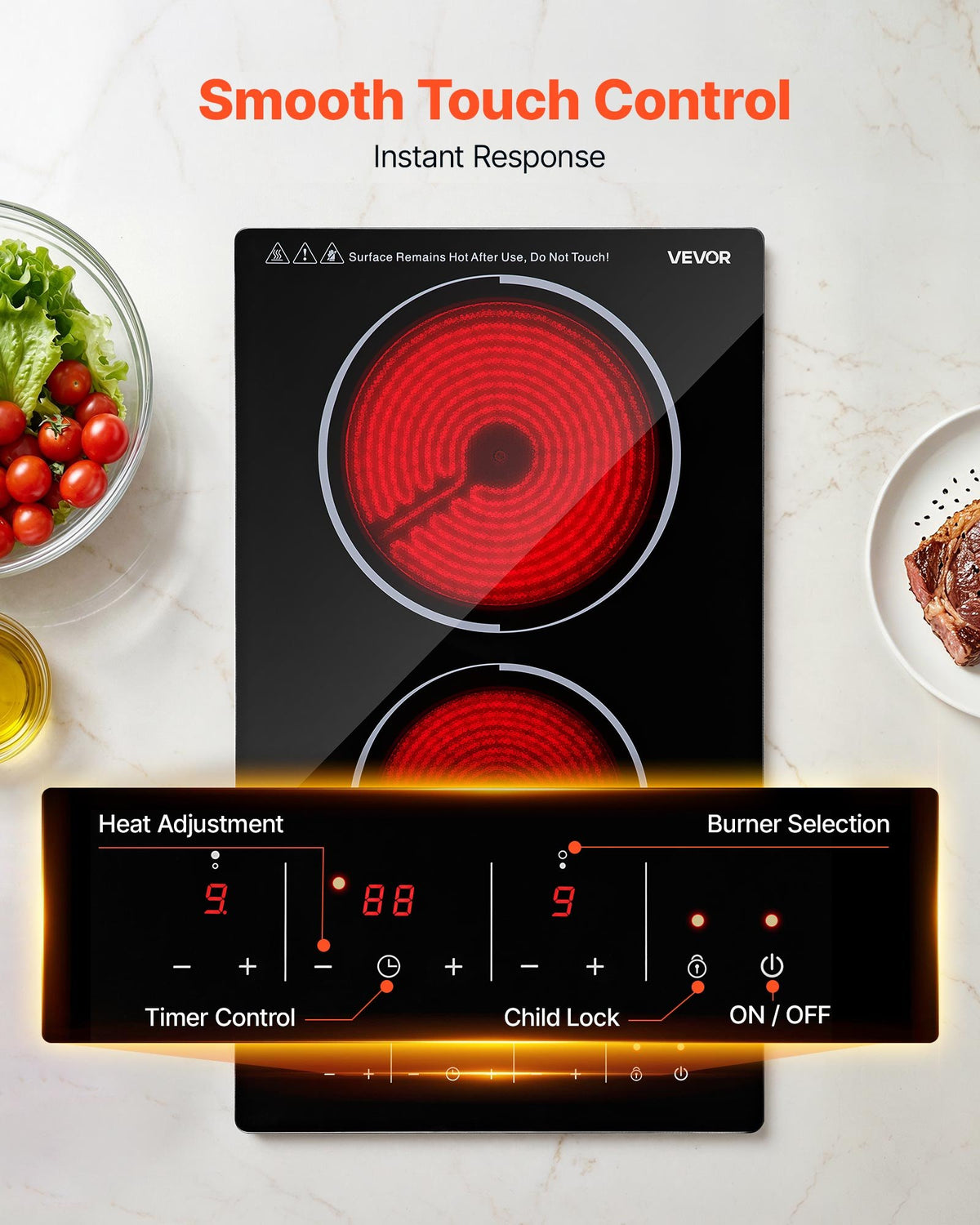VEVOR Electric Cooktop 30cm 2 Burners Portable Stove Top 3000W 220V, Ceramic Countertop/Built-in Radiant Electric Stove, with 9 Power Levels, Timer, Child Lock, Over-Heat Guard, Touch Control