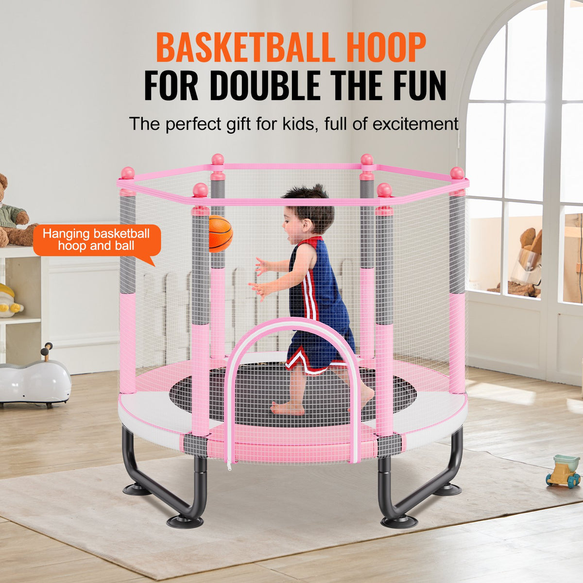 VEVOR 60" Kids Trampoline, 5FT Indoor Outdoor Trampoline, Mini Toddler Recreational Trampolinewith Safety Enclosure Net and Basketball Hoop, Birthday Gifts Christmas Toys for 3+ Years Children, Pink