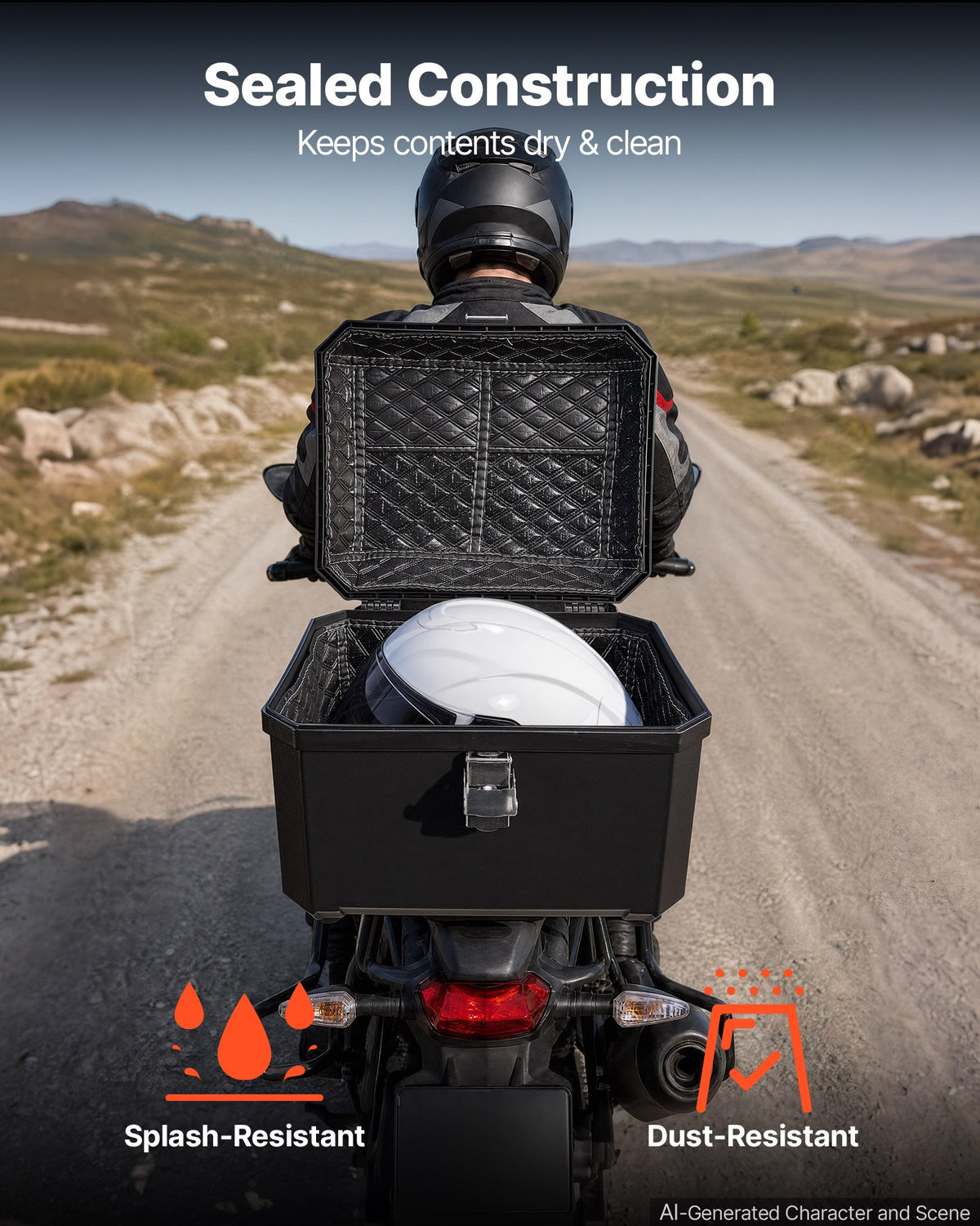 VEVOR Motorcycle Top Case 45L Universal Waterproof ABS Motorcycle Tail Case, Detachable Motorbike Top Box with Security Lock & Leather Liner for Luggage Storage