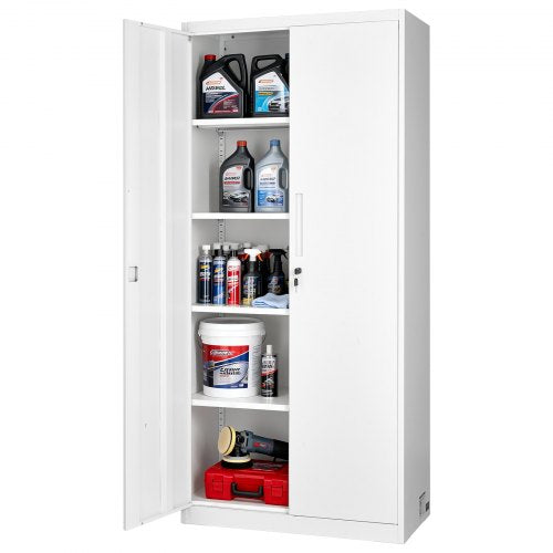 VEVOR Metal Storage Cabinet, 175 cm Lockable Steel Garage Cabinet with 4 Adjustable Shelves, 2 Magnetic Doors, 2 Keys, 5 Tiers Tool Storage for Pantry, Warehouse, Basement, Laundry, Office, White