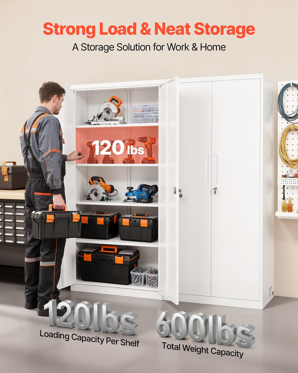 VEVOR Metal Storage Cabinet, 175 cm Lockable Steel Garage Cabinet with 4 Adjustable Shelves, 2 Magnetic Doors, 2 Keys, 5 Tiers Tool Storage for Pantry, Warehouse, Basement, Laundry, Office, White