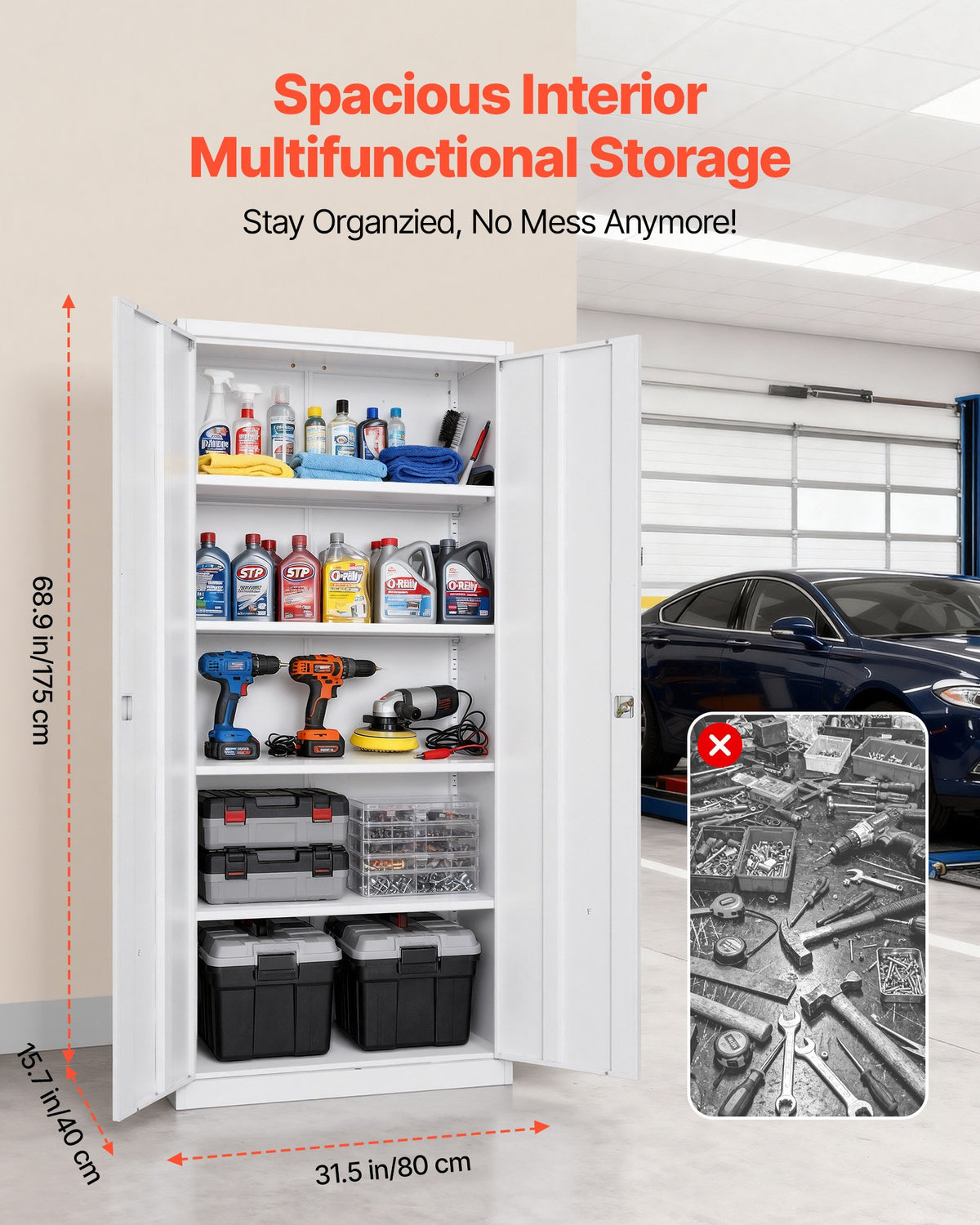 VEVOR Metal Storage Cabinet, 175 cm Lockable Steel Garage Cabinet with 4 Adjustable Shelves, 2 Magnetic Doors, 2 Keys, 5 Tiers Tool Storage for Pantry, Warehouse, Basement, Laundry, Office, White