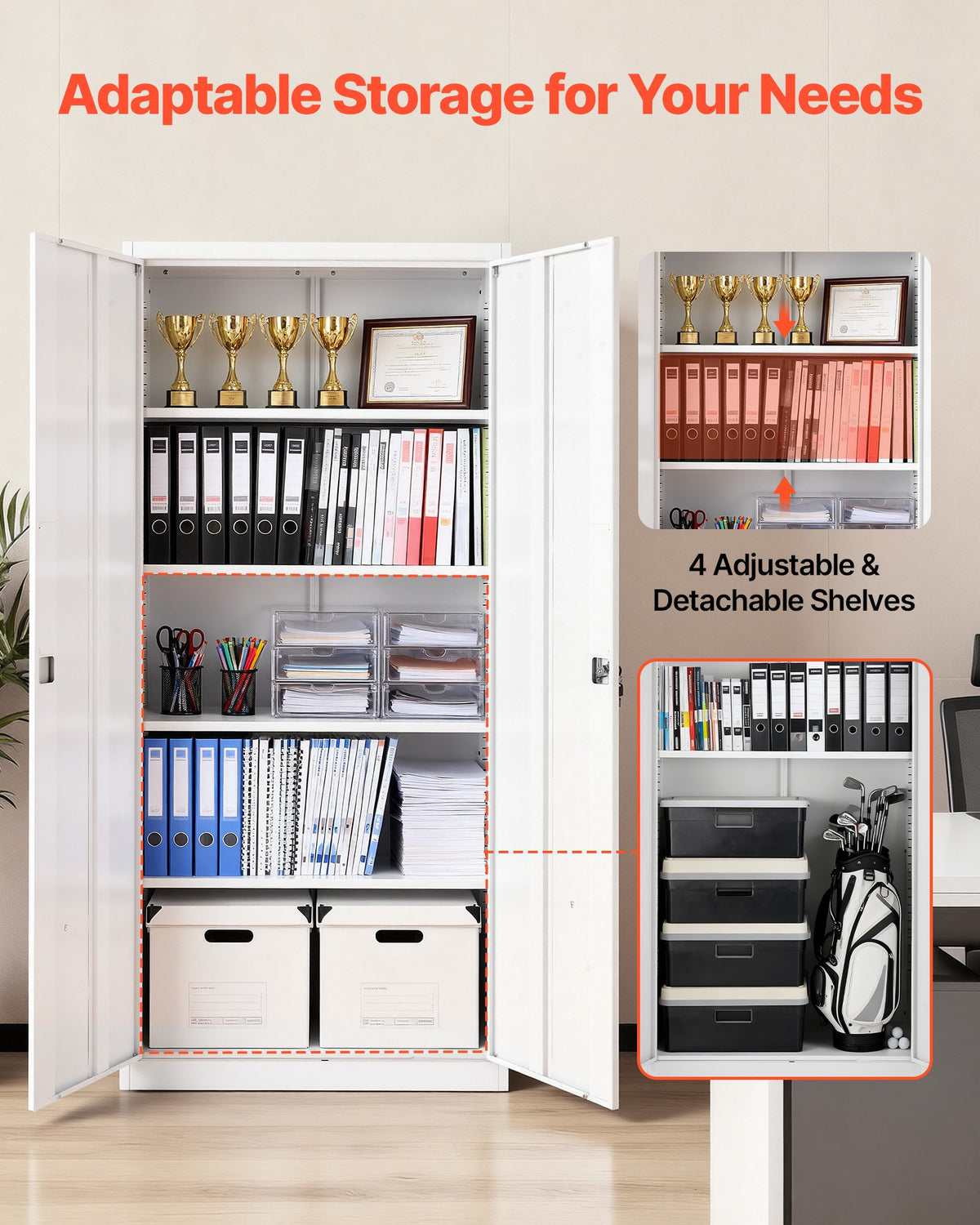 VEVOR Metal Storage Cabinet, 175 cm Lockable Steel Garage Cabinet with 4 Adjustable Shelves, 2 Magnetic Doors, 2 Keys, 5 Tiers Tool Storage for Pantry, Warehouse, Basement, Laundry, Office, White
