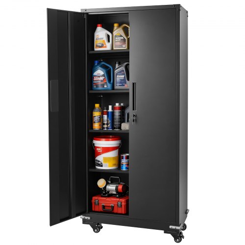 VEVOR Metal Storage Cabinet, 184.5 cm Rolling Steel Garage Cabinet with 4 Adjustable Shelves, 2 Magnetic Doors & 2 Keys, 5 Tiers Lockable Tool Storage for Pantry, Warehouse, Basement, Office, Black