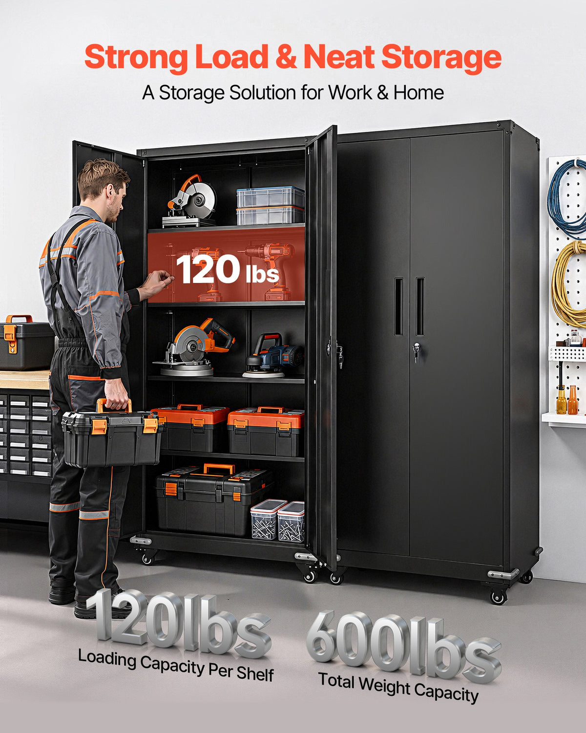 VEVOR Metal Storage Cabinet, 184.5 cm Rolling Steel Garage Cabinet with 4 Adjustable Shelves, 2 Magnetic Doors & 2 Keys, 5 Tiers Lockable Tool Storage for Pantry, Warehouse, Basement, Office, Black