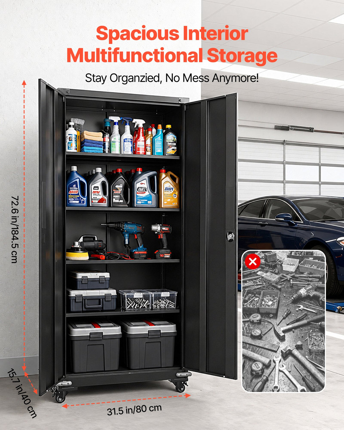 VEVOR Metal Storage Cabinet, 184.5 cm Rolling Steel Garage Cabinet with 4 Adjustable Shelves, 2 Magnetic Doors & 2 Keys, 5 Tiers Lockable Tool Storage for Pantry, Warehouse, Basement, Office, Black