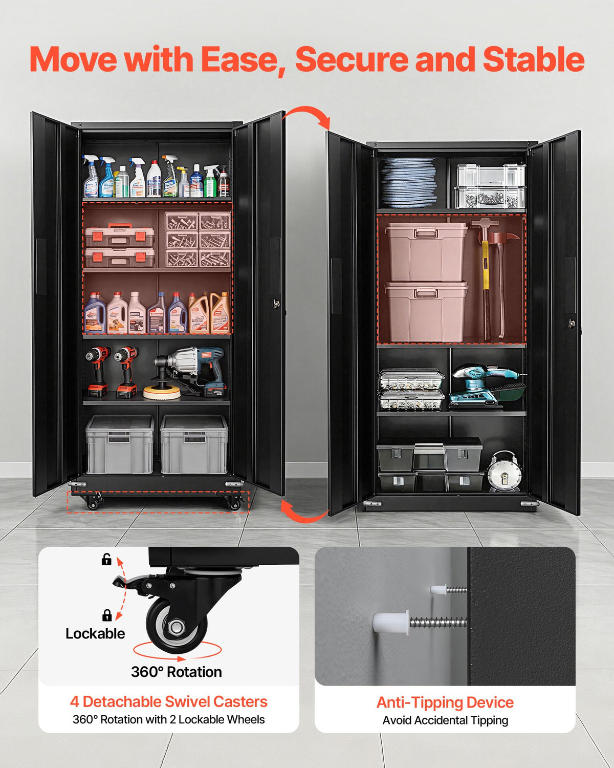 VEVOR Metal Storage Cabinet, 184.5 cm Rolling Steel Garage Cabinet with 4 Adjustable Shelves, 2 Magnetic Doors & 2 Keys, 5 Tiers Lockable Tool Storage for Pantry, Warehouse, Basement, Office, Black