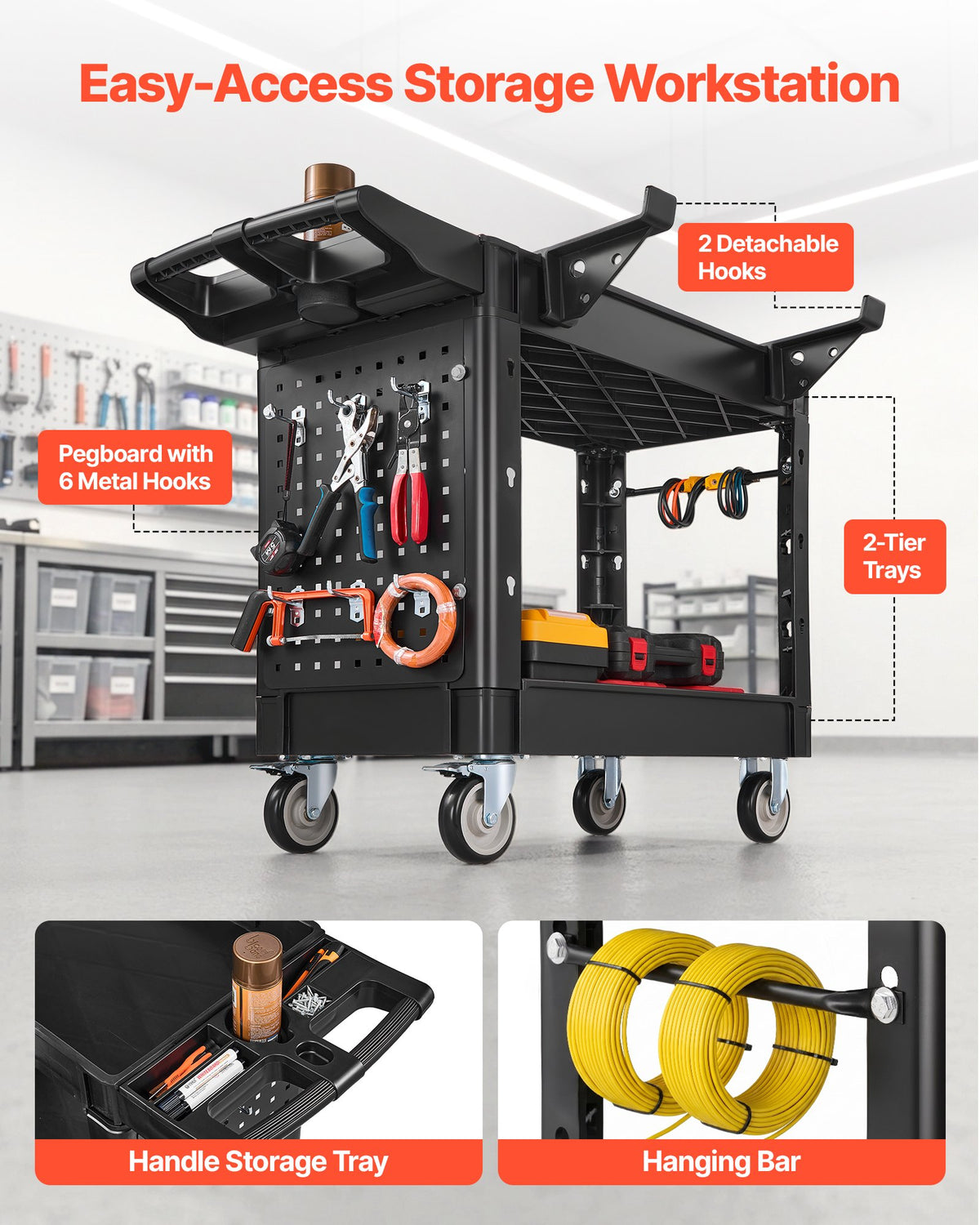 VEVOR Utility Cart, 250 kg Capacity, 2 Tier Service Cart with 360° Swivel & Fixed Wheels (2 with Brakes), Heavy Duty Plastic Rolling with Tray and Pegboard, Tool Storage for Garage Warehouse Workshop
