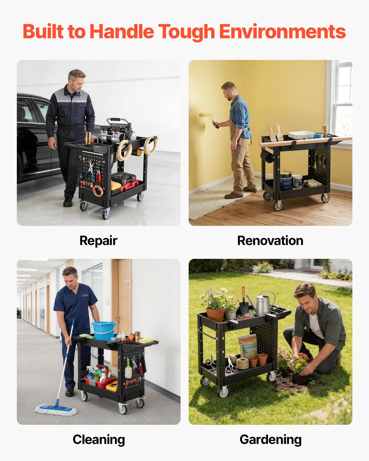 VEVOR Utility Cart, 250 kg Capacity, 2 Tier Service Cart with 360° Swivel & Fixed Wheels (2 with Brakes), Heavy Duty Plastic Rolling with Tray and Pegboard, Tool Storage for Garage Warehouse Workshop
