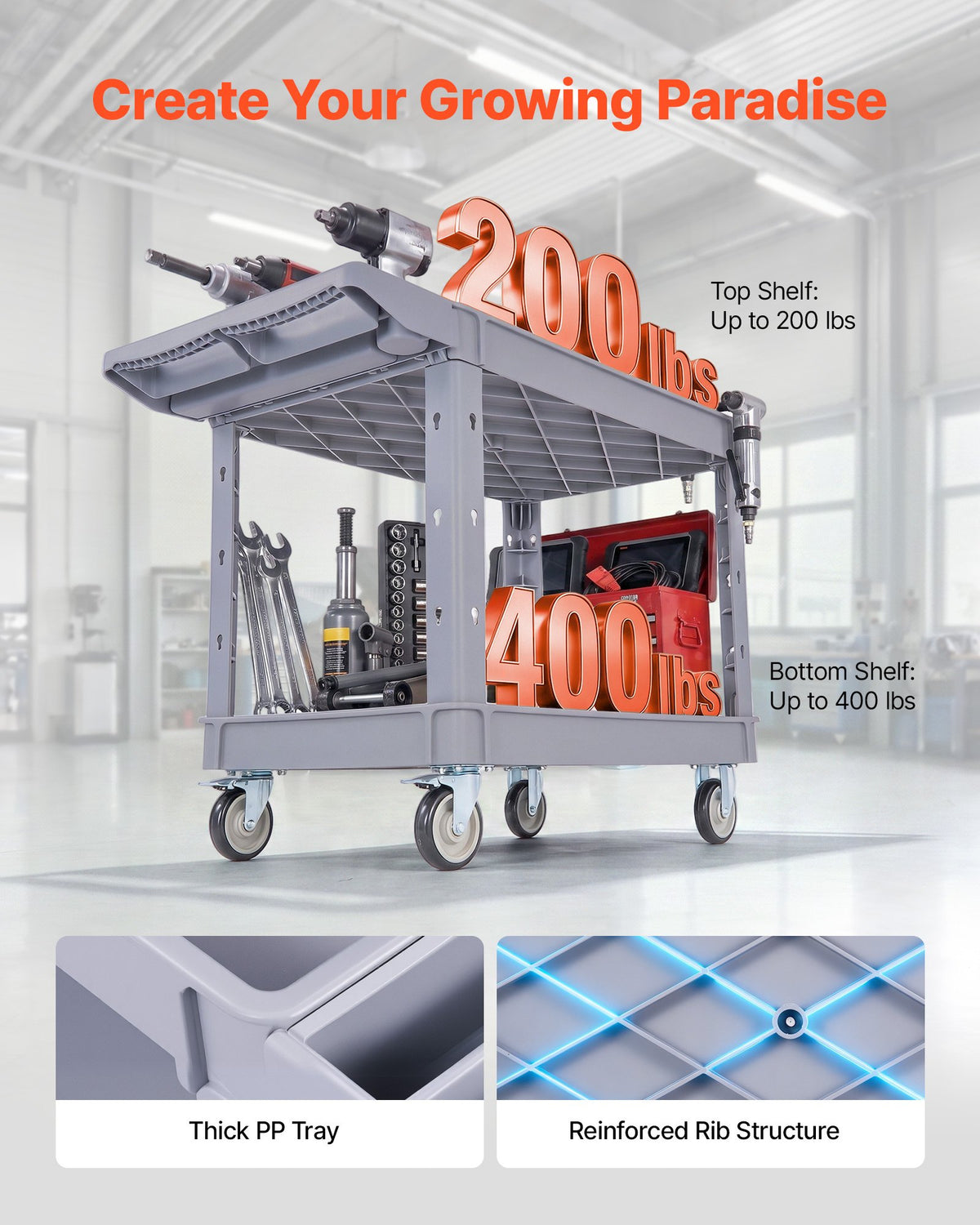 VEVOR Utility Cart, 250 kg Capacity, 2 Tier Service Cart with 360° Swivel & Fixed Wheels (2 with Brakes), Heavy Duty Plastic Rolling with Storage Tray, Tool Storage for Garage Warehouse Workshop, Gray