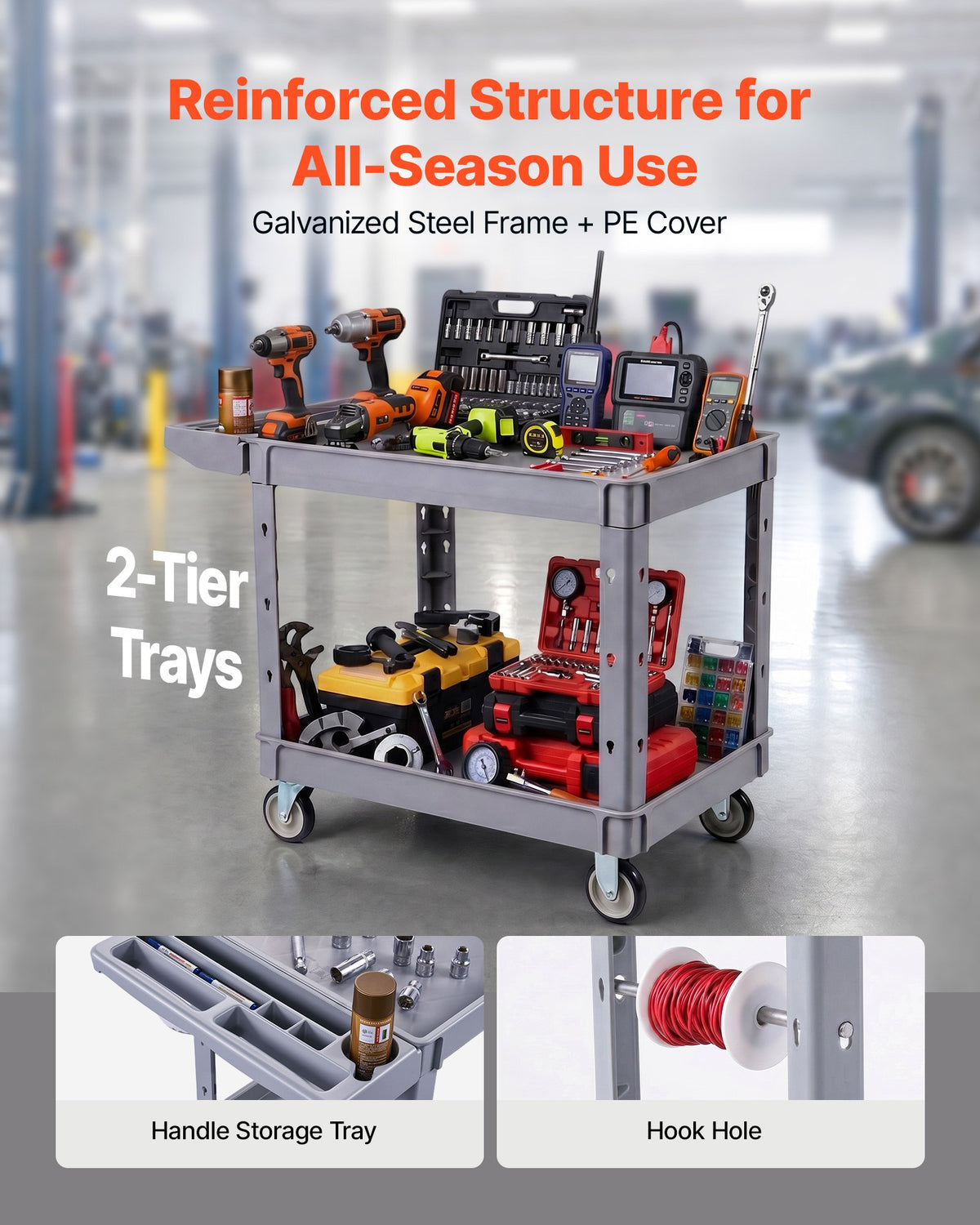 VEVOR Utility Cart, 250 kg Capacity, 2 Tier Service Cart with 360° Swivel & Fixed Wheels (2 with Brakes), Heavy Duty Plastic Rolling with Storage Tray, Tool Storage for Garage Warehouse Workshop, Gray