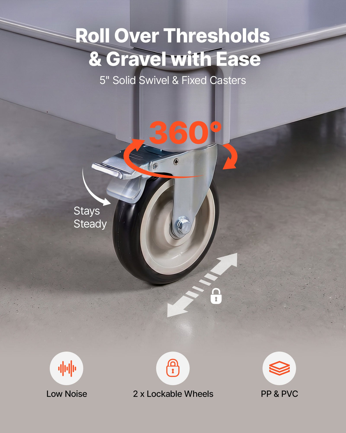 VEVOR Utility Cart, 250 kg Capacity, 2 Tier Service Cart with 360° Swivel & Fixed Wheels (2 with Brakes), Heavy Duty Plastic Rolling with Storage Tray, Tool Storage for Garage Warehouse Workshop, Gray