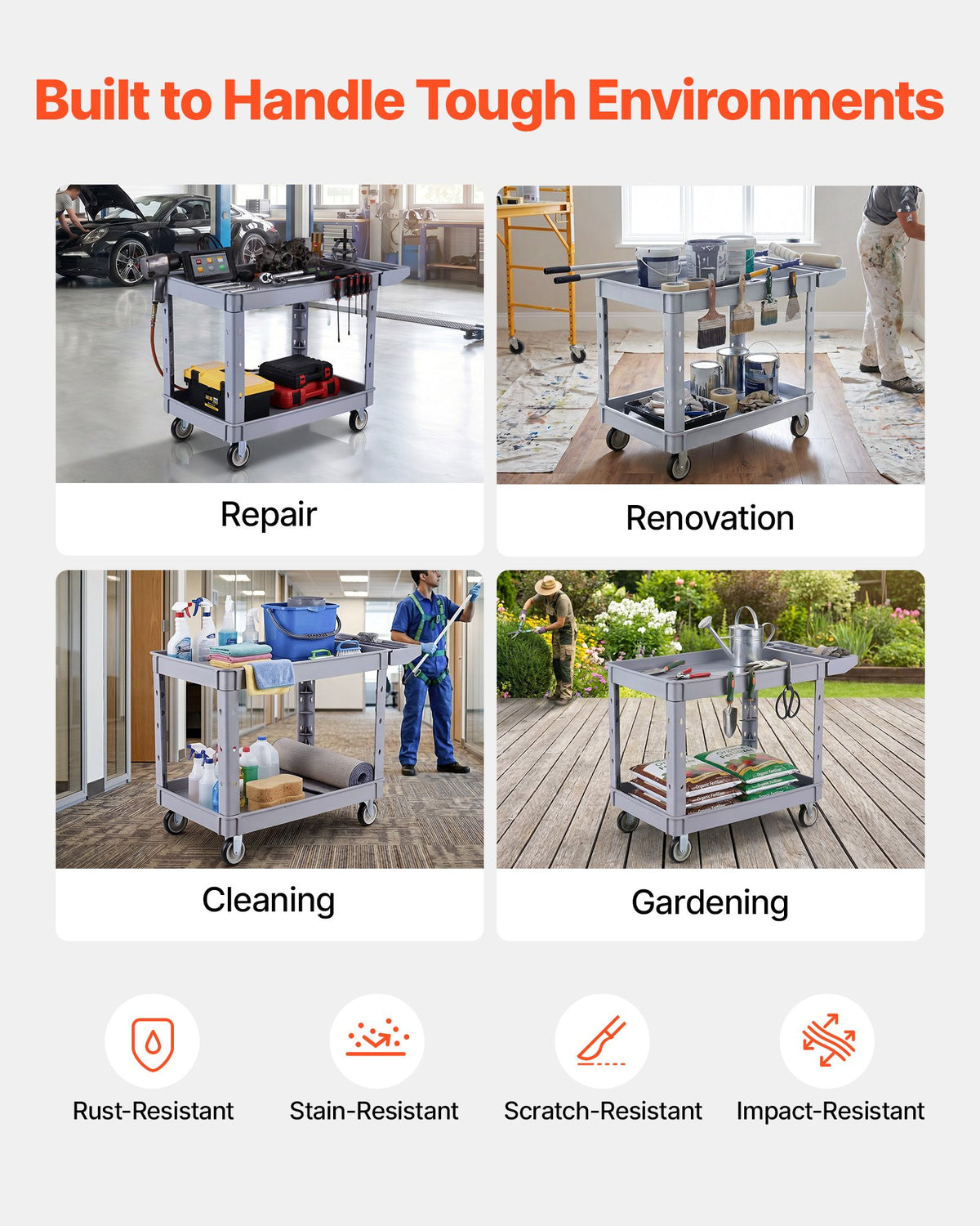 VEVOR Utility Cart, 250 kg Capacity, 2 Tier Service Cart with 360° Swivel & Fixed Wheels (2 with Brakes), Heavy Duty Plastic Rolling with Storage Tray, Tool Storage for Garage Warehouse Workshop, Gray