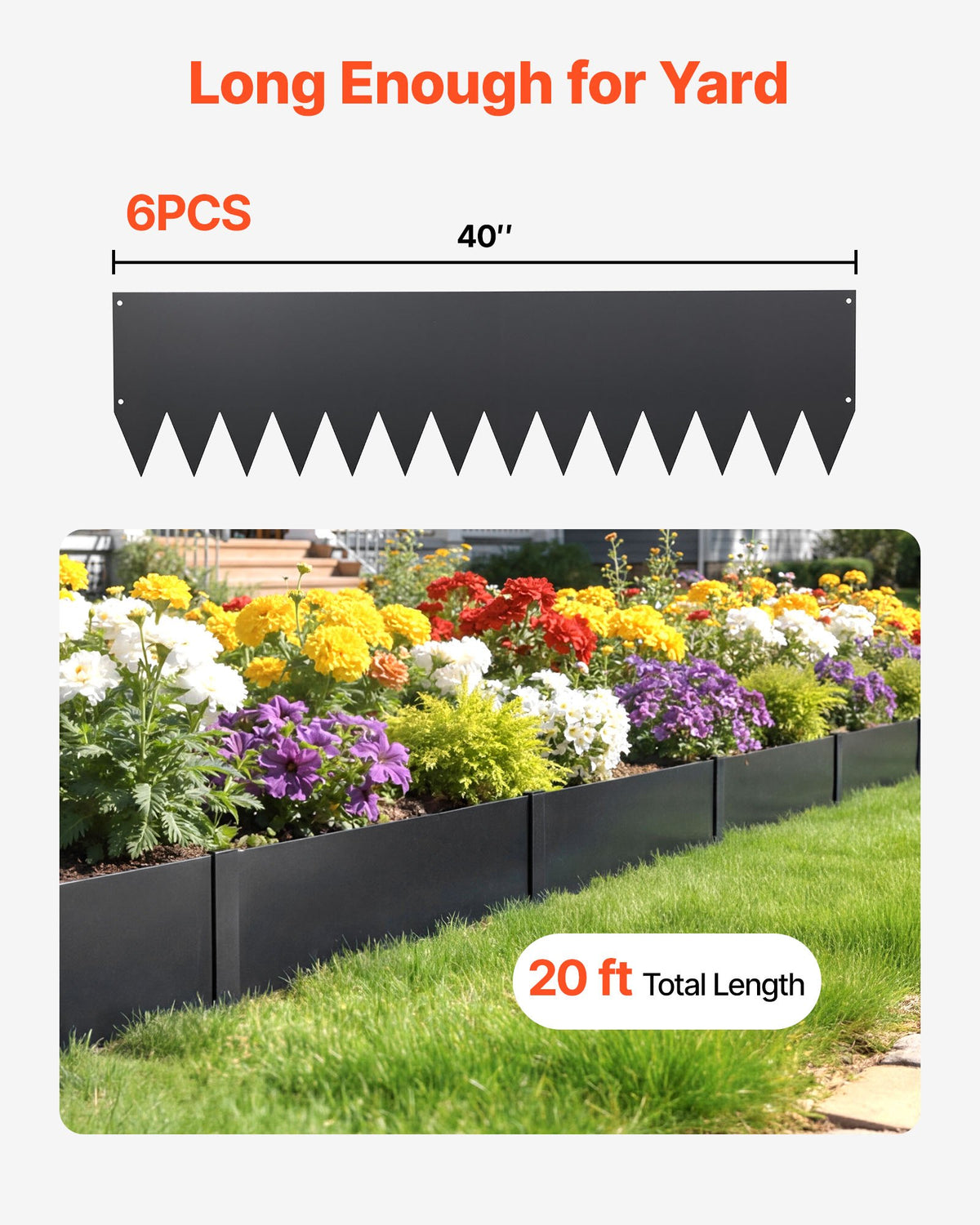 VEVOR Galvanized Steel Landscape Edging, 6-Pack 1016 x 254 mm Metal Edging for Landscaping with 8 Mounting Clips, Heavy Duty Metal Garden Edge Border for Flower Bed, Yard Pathway, Black