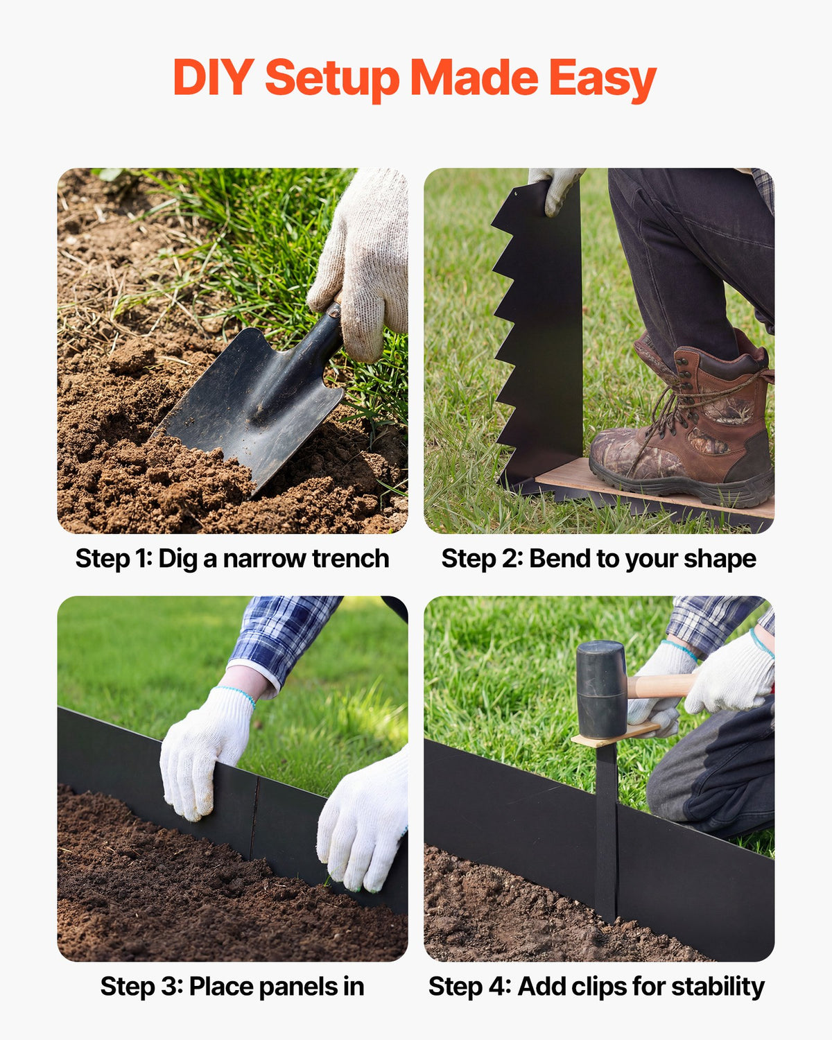 VEVOR Galvanized Steel Landscape Edging, 6-Pack 1016 x 254 mm Metal Edging for Landscaping with 8 Mounting Clips, Heavy Duty Metal Garden Edge Border for Flower Bed, Yard Pathway, Black