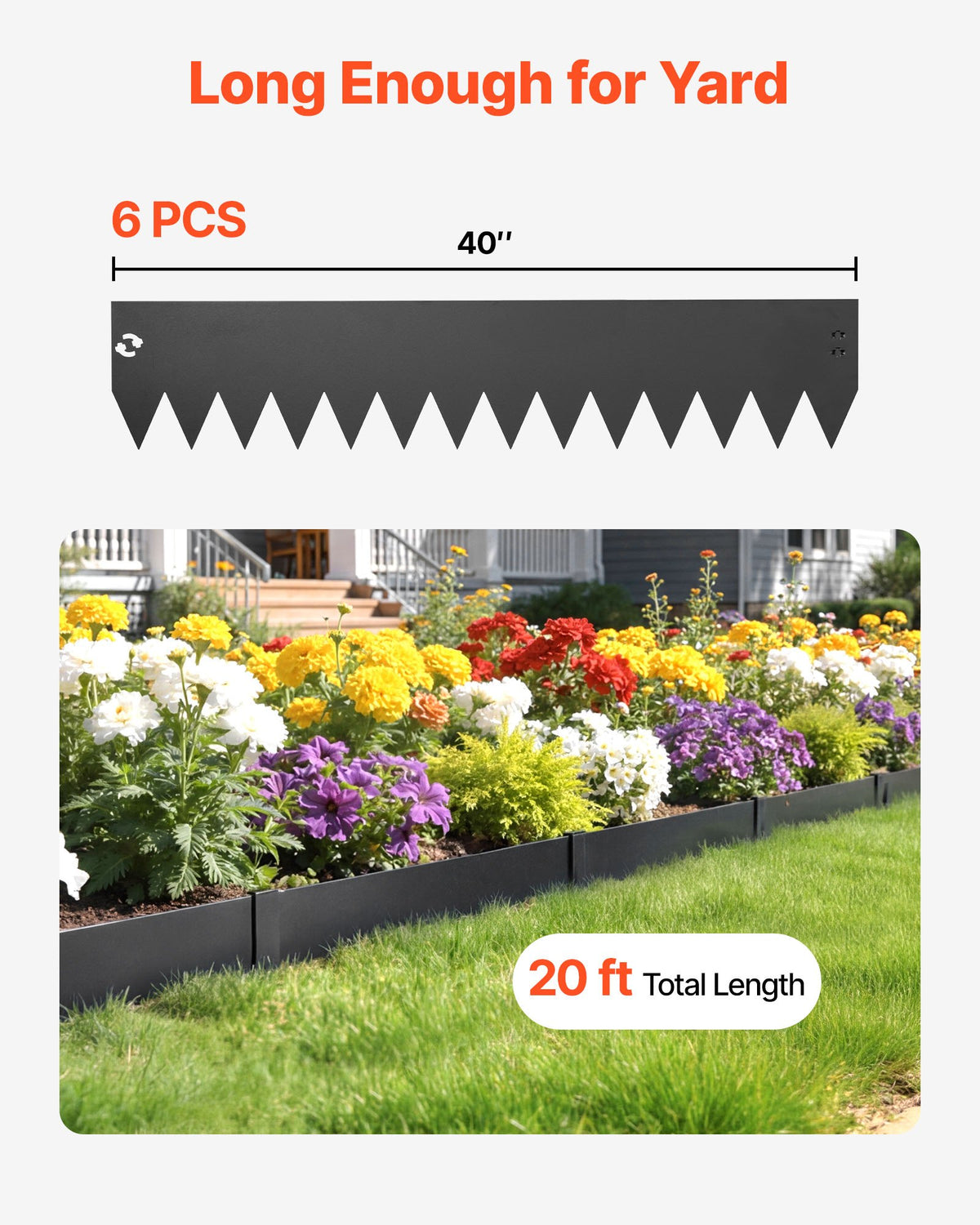 VEVOR Galvanized Steel Landscape Edging, 6-Pack 1016 x 203 mm Metal Edging for Landscaping with 6 Mounting Clips, Bendable Metal Garden Edge Border for Flower Bed, Yard Pathway, Black