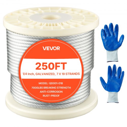 VEVOR 6.35 mm Wire Rope, 76.2 m Length, Zinc Galvanized Carbon Steel Cable with Gloves, 31.1 kN Breaking Strength, 7 x 19 Strands Construction, Wire Cable for Deck Railing System, Garden Trellis