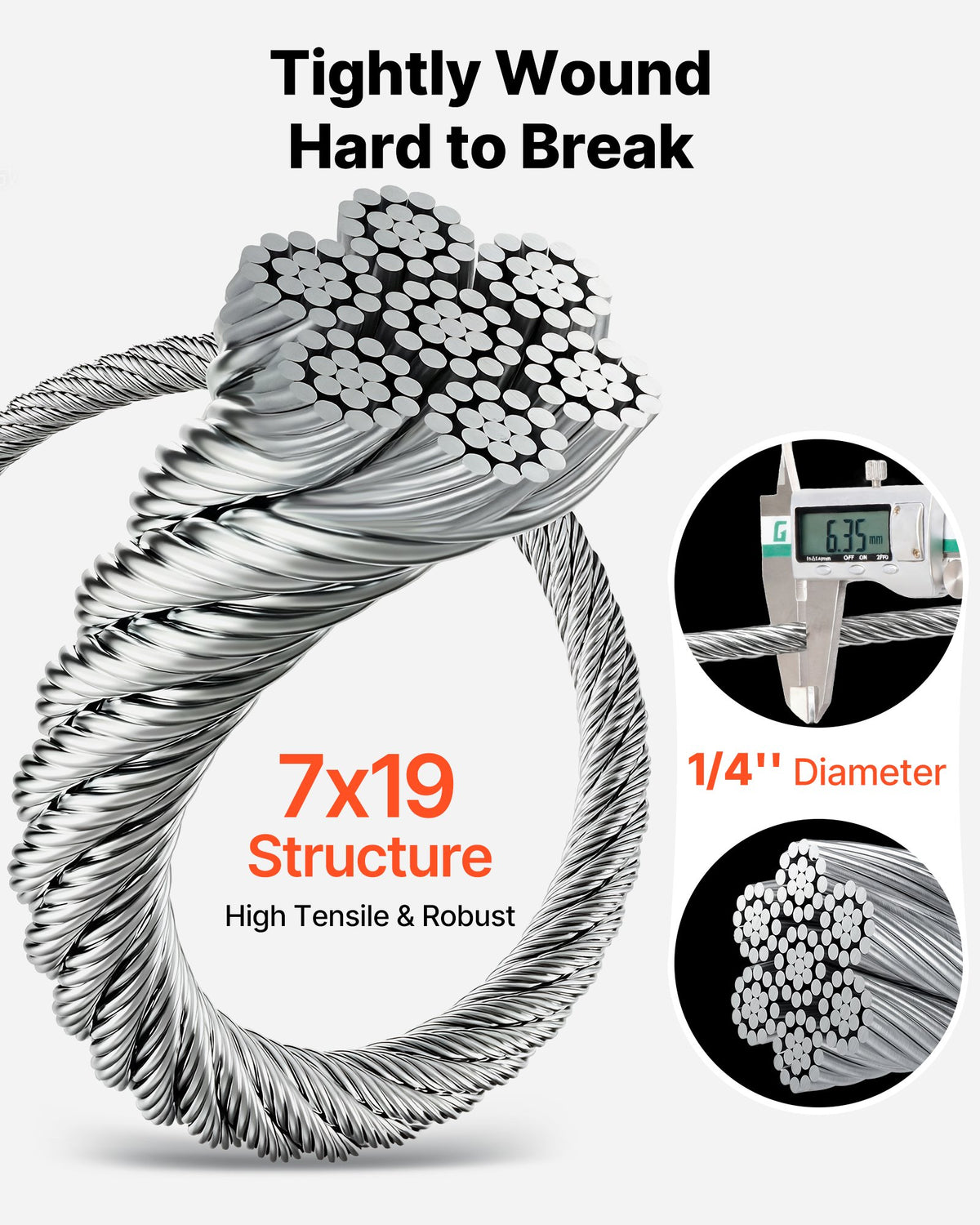 VEVOR 6.35 mm Wire Rope, 76.2 m Length, Zinc Galvanized Carbon Steel Cable with Gloves, 31.1 kN Breaking Strength, 7 x 19 Strands Construction, Wire Cable for Deck Railing System, Garden Trellis