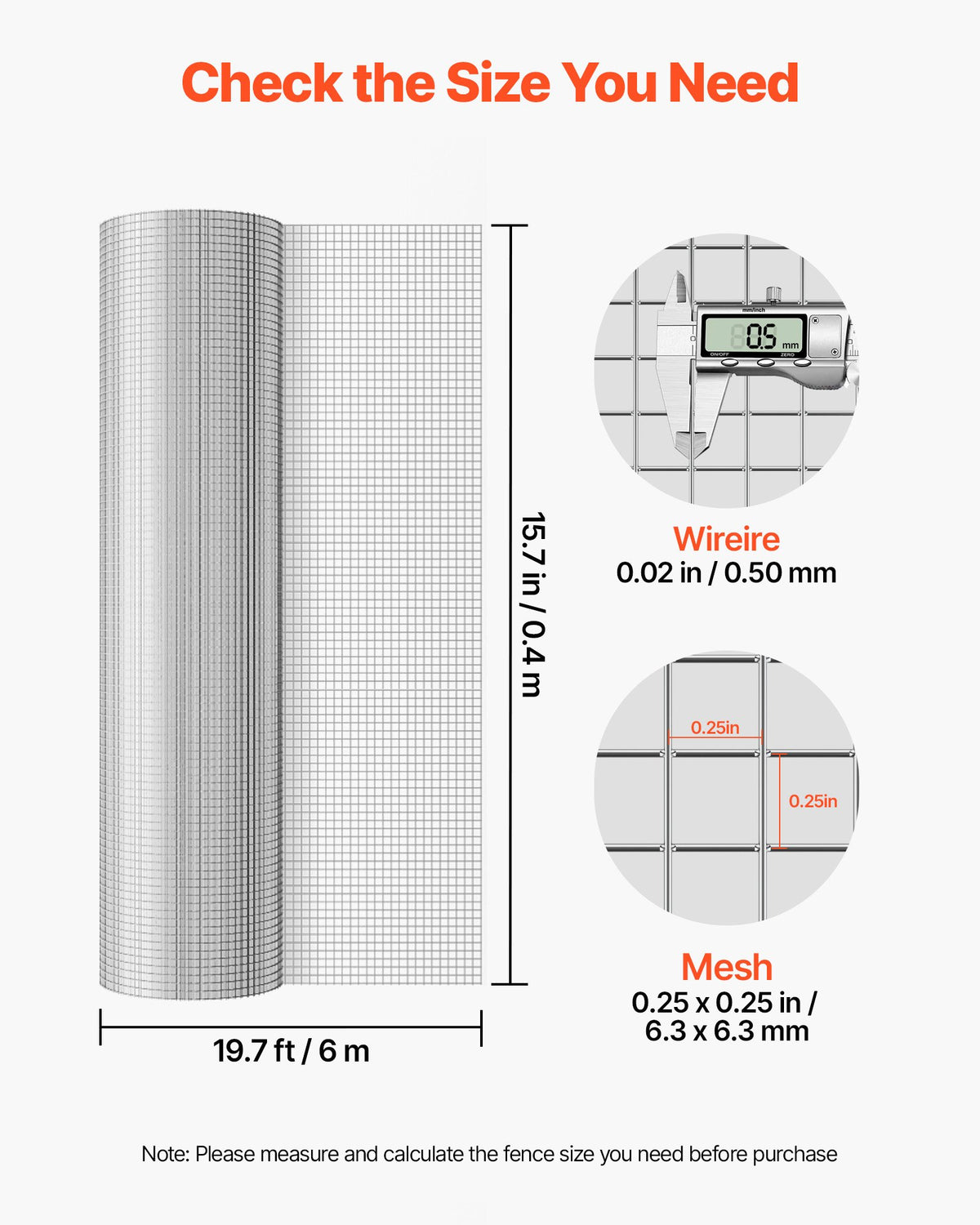 VEVOR Hardware Cloth, 6.3 mm 0.4 x 6 m 0.5 mm Diameter Chicken Wire Fence, Hot-Dip Galvanized After Welding Metal Wire Mesh Roll, Garden Plant Welded Fencing Roll, Supports Poultry Netting Cage Fence