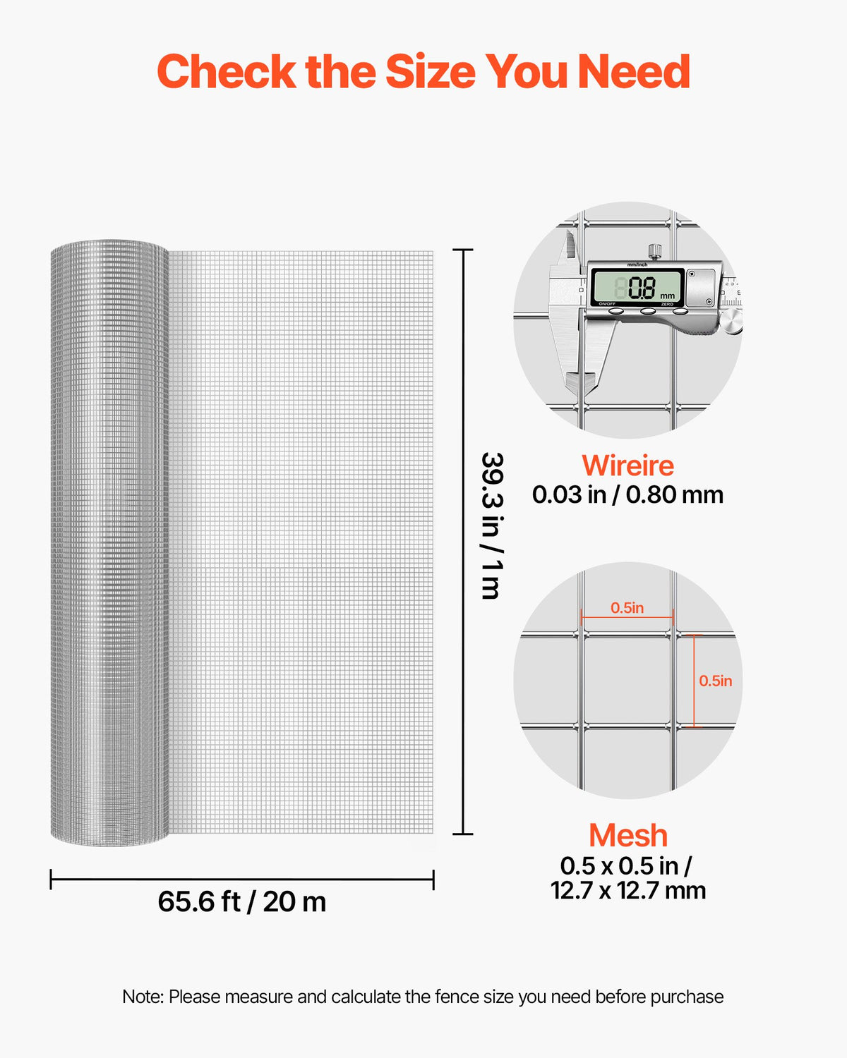VEVOR Hardware Cloth, 12.7 mm 1 x 20 m 0.8 mm Diameter Chicken Wire Fence, Hot-Dip Galvanized After Welding Metal Wire Mesh Roll, Garden Plant Welded Fencing Roll, Supports Poultry Netting Cage Fence