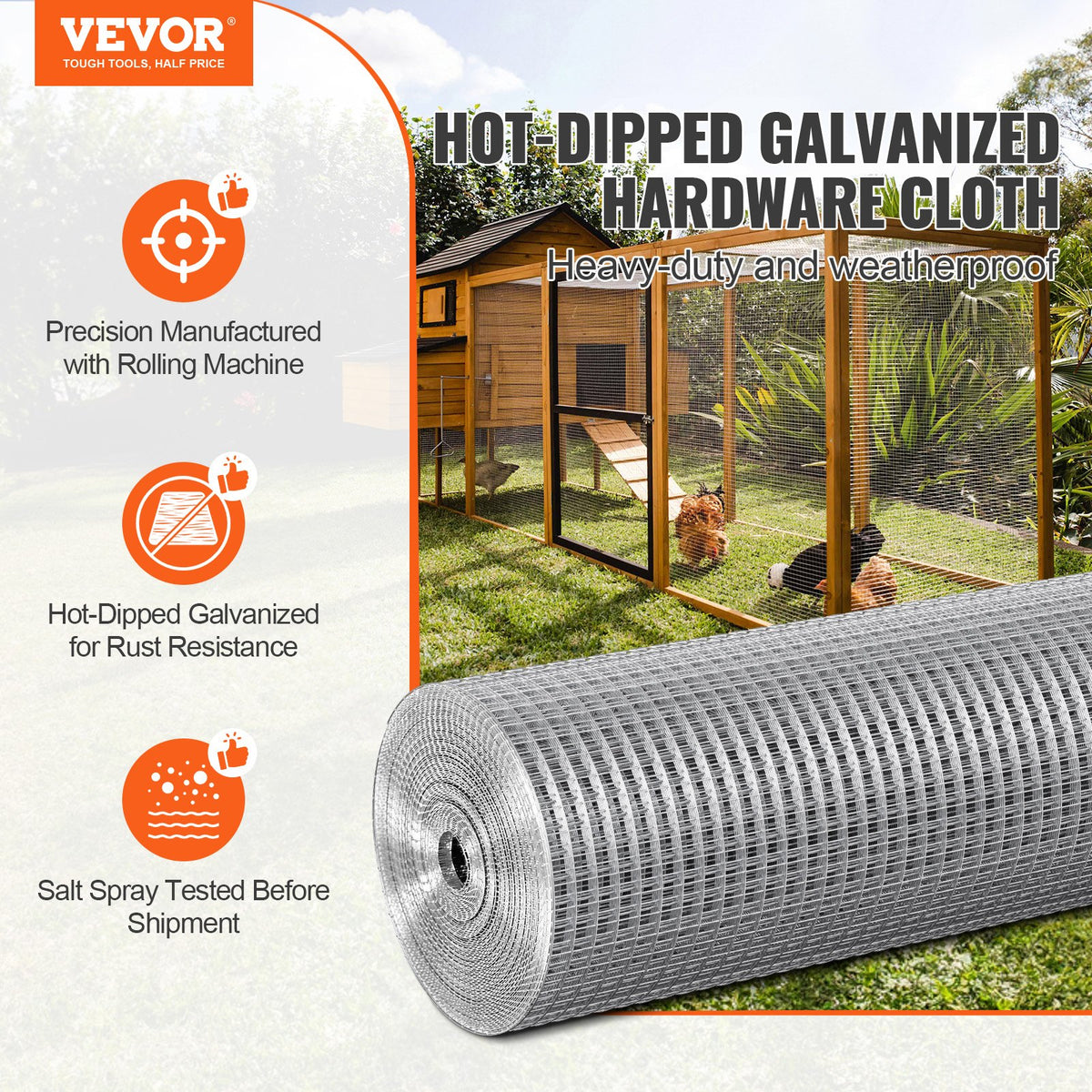 VEVOR Hardware Cloth 12.7 mm 610 mm x 30.48 m 19 Gauge Chicken Wire Fence, Hot-Dip Galvanized After Welding Metal Wire Mesh Roll, Garden Plant Welded Fencing Roll Supports Poultry Netting Cage Fence