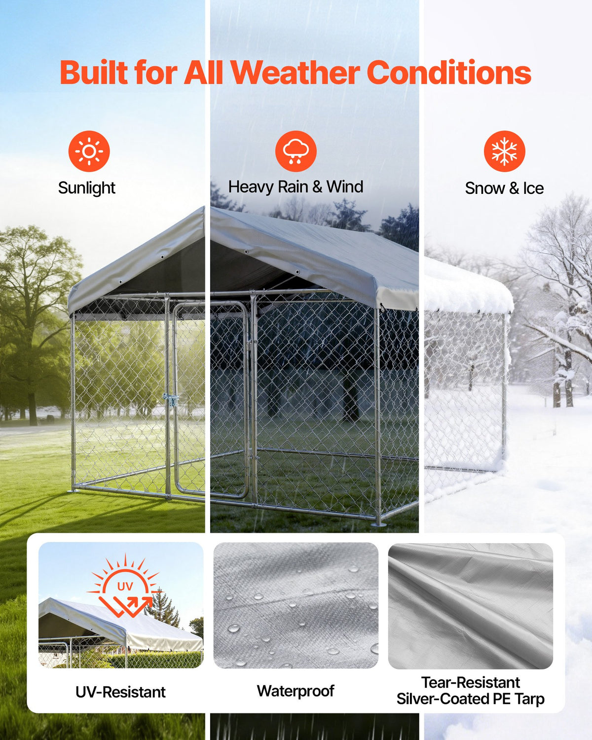 VEVOR Outdoor Dog Kennel, 2 x 2 x 1.6 m Large Dog Kennel with Secure Lock, Outside Dogs Enclosures with UV-Resistant & Waterproof Roof Cover, Heavy Duty Pet Crate Cage Run for Large Dogs