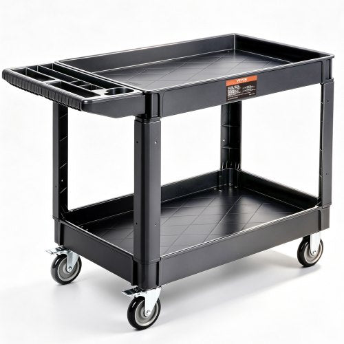 VEVOR Utility Service Cart, 2 Shelf 249.5 kg Heavy Duty Plastic Rolling Utility Cart with 360° Swivel Wheels (2 with Brakes), Large Lipped Shelf, Ergonomic Storage Handle for Warehouse/Garage/Cleaning