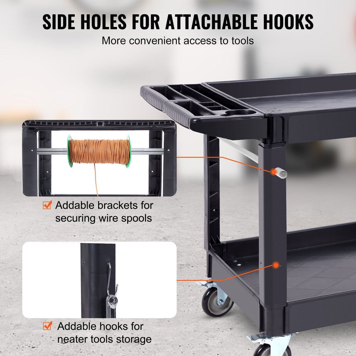 VEVOR Utility Service Cart, 2 Shelf 249.5 kg Heavy Duty Plastic Rolling Utility Cart with 360° Swivel Wheels (2 with Brakes), Large Lipped Shelf, Ergonomic Storage Handle for Warehouse/Garage/Cleaning