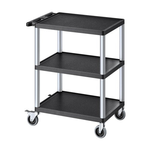 VEVOR Utility Cart, 300 lbs Load Capacity, 27.6 x 18.1-inch Service Cart, Three-Shelf Heavy Duty Plastic Utility Cart with 360° Swivel Wheels (2 with Brakes), Suitable for Warehouse, Garage, Cleaning