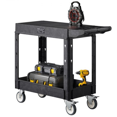 VEVOR Utility Cart, 550 lbs Load Capacity, 31.3 x 17.7-inch Service Cart, Two-Shelf Heavy Duty Plastic Utility Cart with 360° Swivel Wheels (2 with Brakes), Suitable for Warehouse, Garage, Cleaning