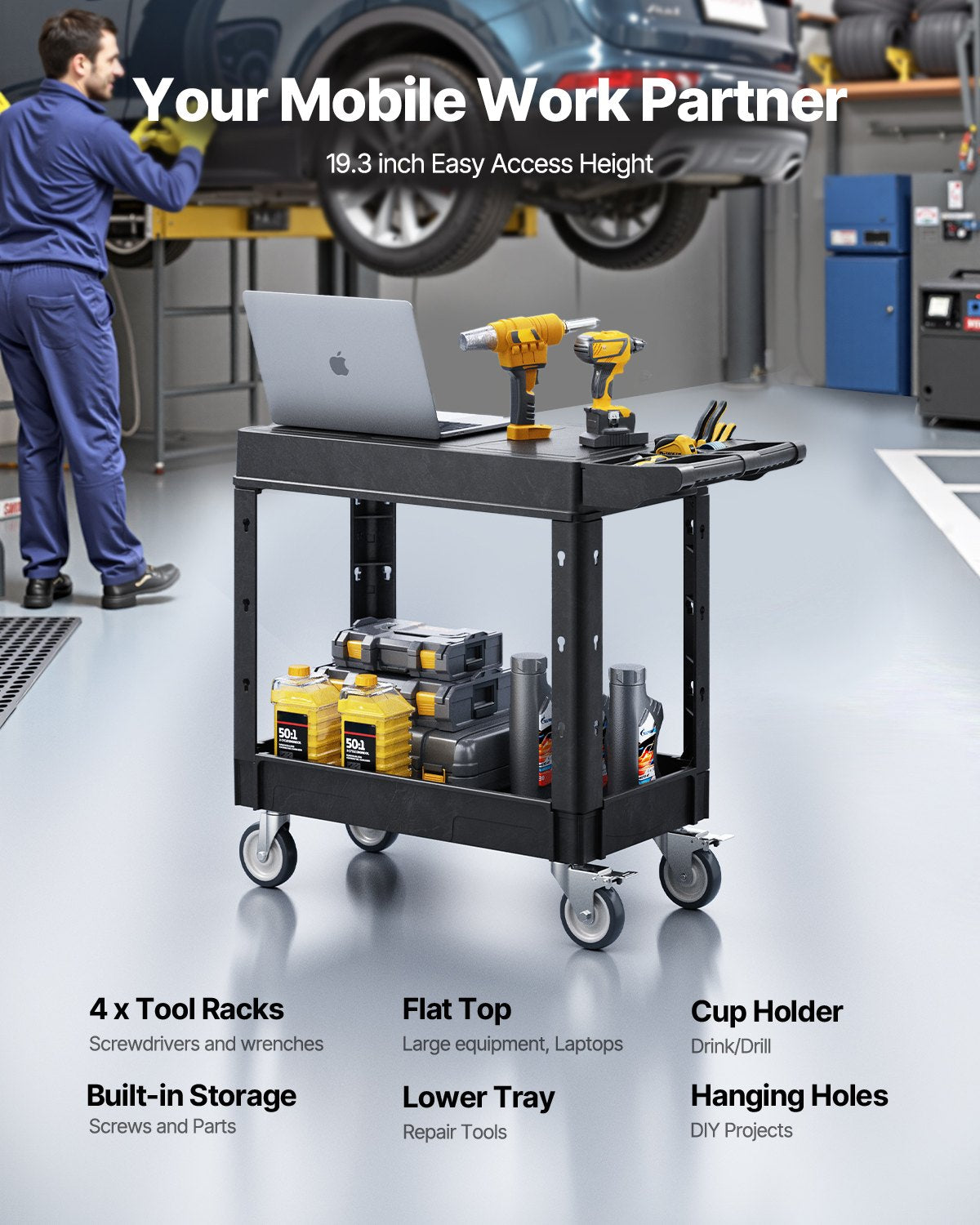 VEVOR Utility Cart, 550 lbs Load Capacity, 31.3 x 17.7-inch Service Cart, Two-Shelf Heavy Duty Plastic Utility Cart with 360° Swivel Wheels (2 with Brakes), Suitable for Warehouse, Garage, Cleaning