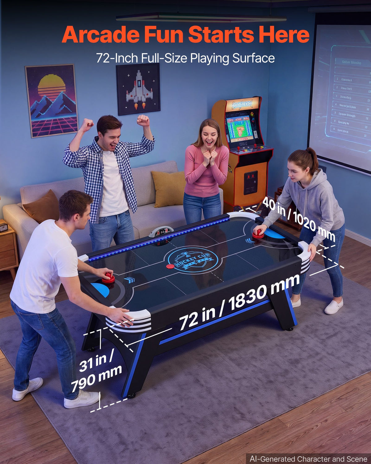 VEVOR 1.8m Air Hockey Table with LED Lights & Electronic Scorer, for Family Game Room, Basements and Home, Air Powered Hockey Arcade Game Table Set with High-powered Blower, Stable Leg