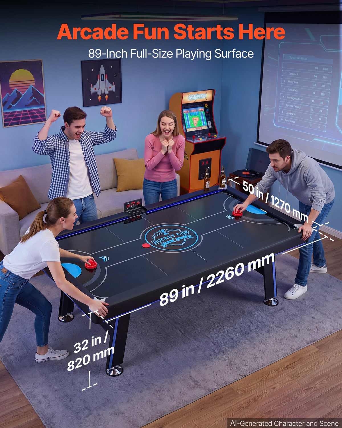 VEVOR 2.2m Air Hockey Table with LED Lights & Electronic Scorer, for Family Game Room, Basements, Home, Air Powered Hockey Arcade Game Table Set with High-powered Blower, Stable H-shaped Leg
