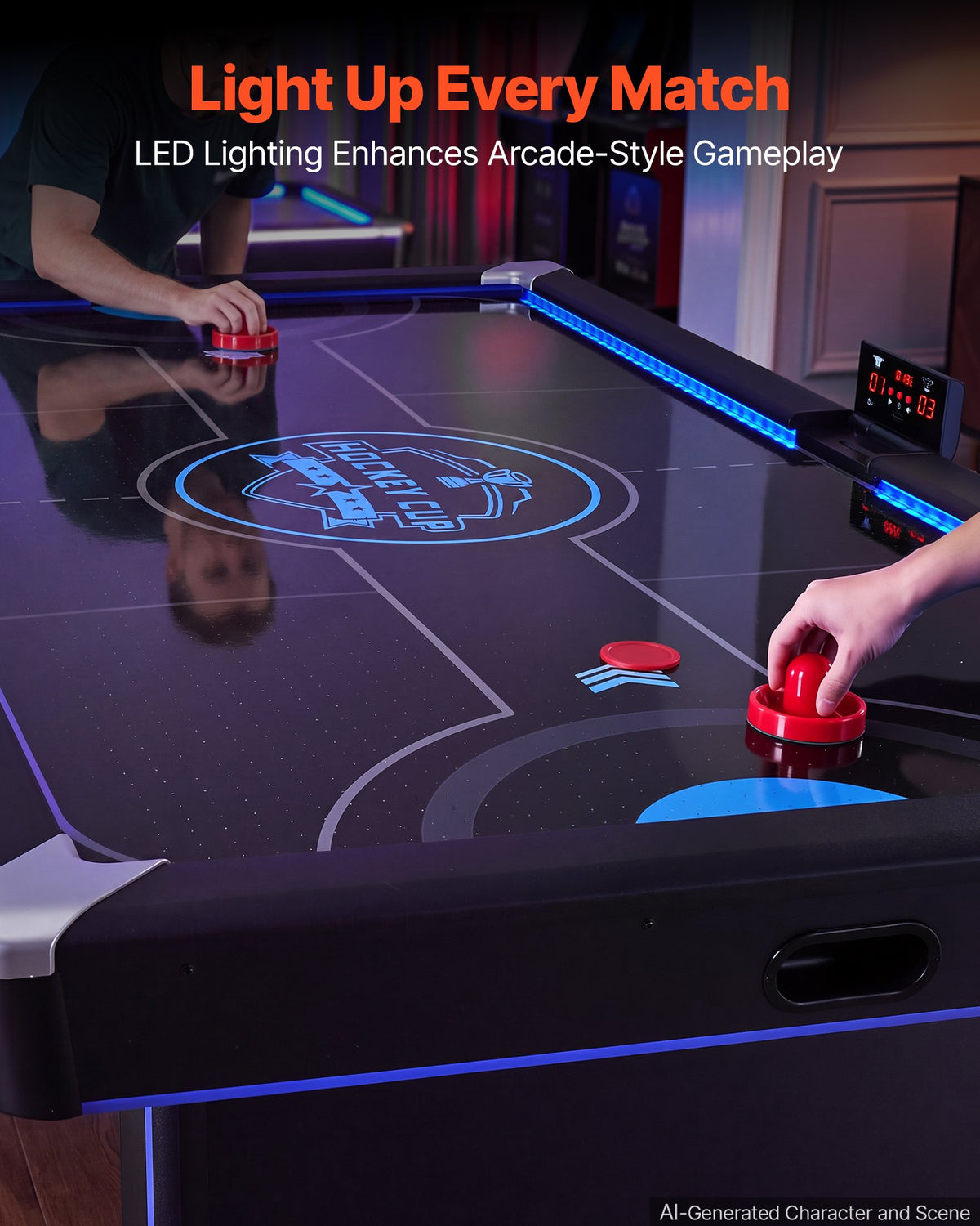 VEVOR 2.2m Air Hockey Table with LED Lights & Electronic Scorer, for Family Game Room, Basements, Home, Air Powered Hockey Arcade Game Table Set with High-powered Blower, Stable H-shaped Leg