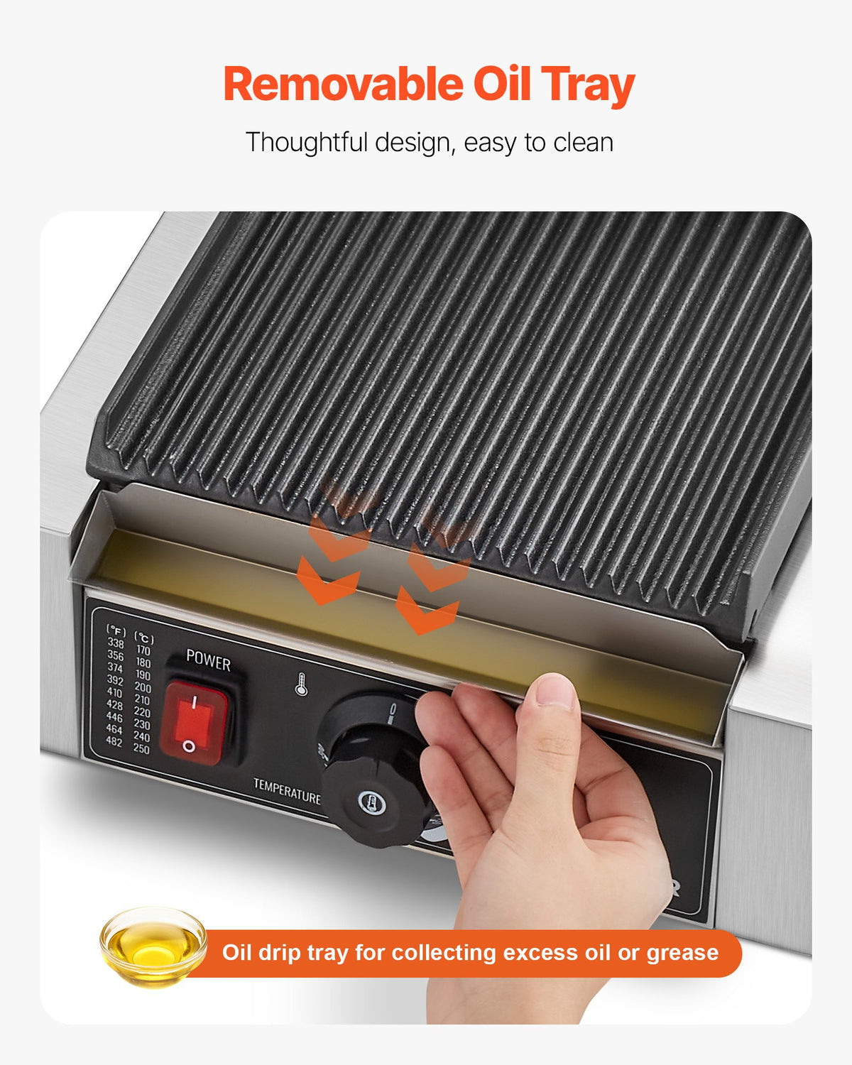 VEVOR Commercial Panini Grill, 1800W Electric Sandwich Panini Maker, Stainless Steel Sandwichs Press Grill with Handle and Temp Control, 22x23 cm Flat Enamel Plate, for Hamburger Steak Bacon