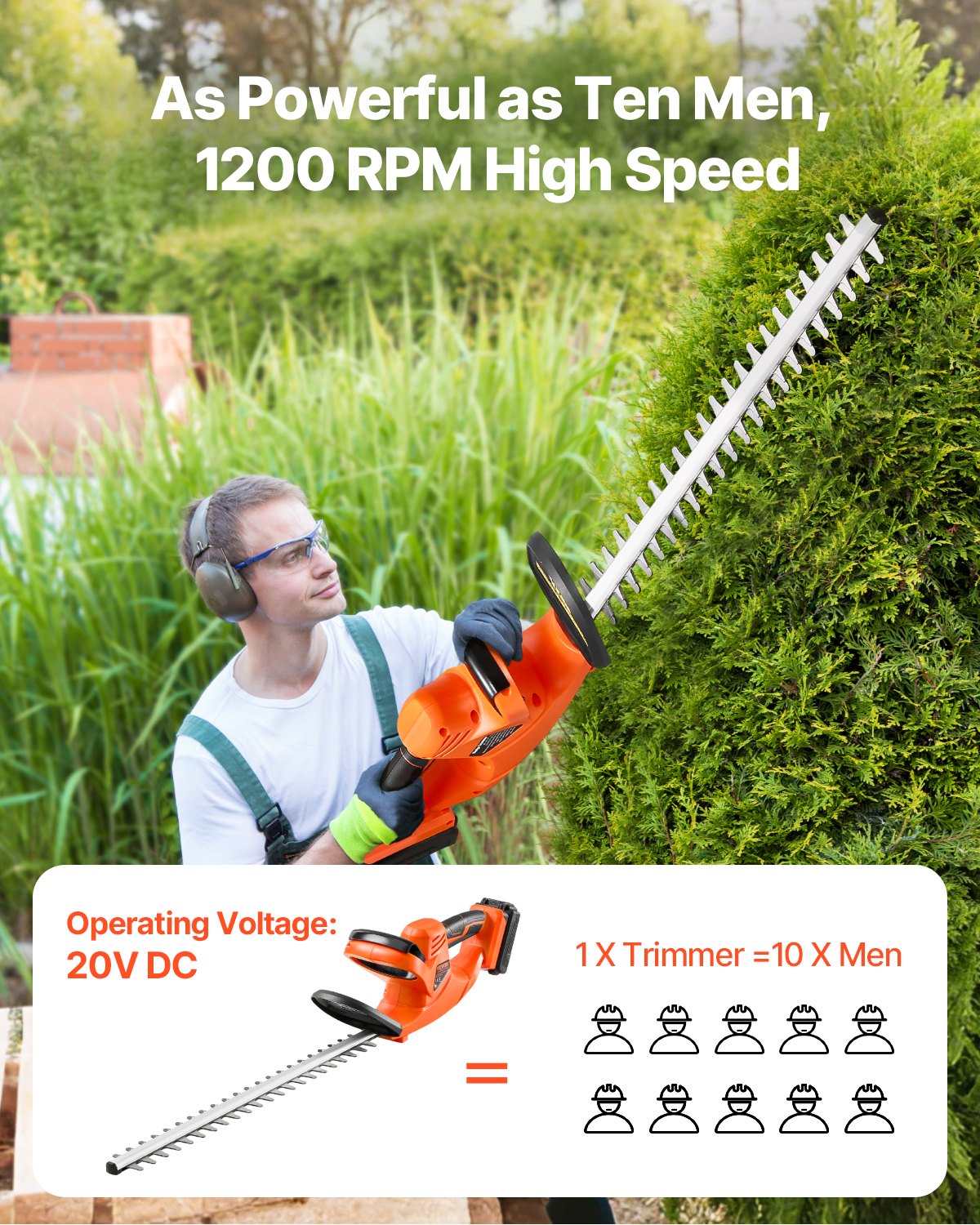 VEVOR Electric Hedge Trimmer, 1200 RPM, Cordless  Hedge Trimmer for Low Branch, 20V 2A Battery, Bush Trimmer with 20 in Dual Action Blade & Secure Design, Gardening Trimmer for Yard Lawn Care